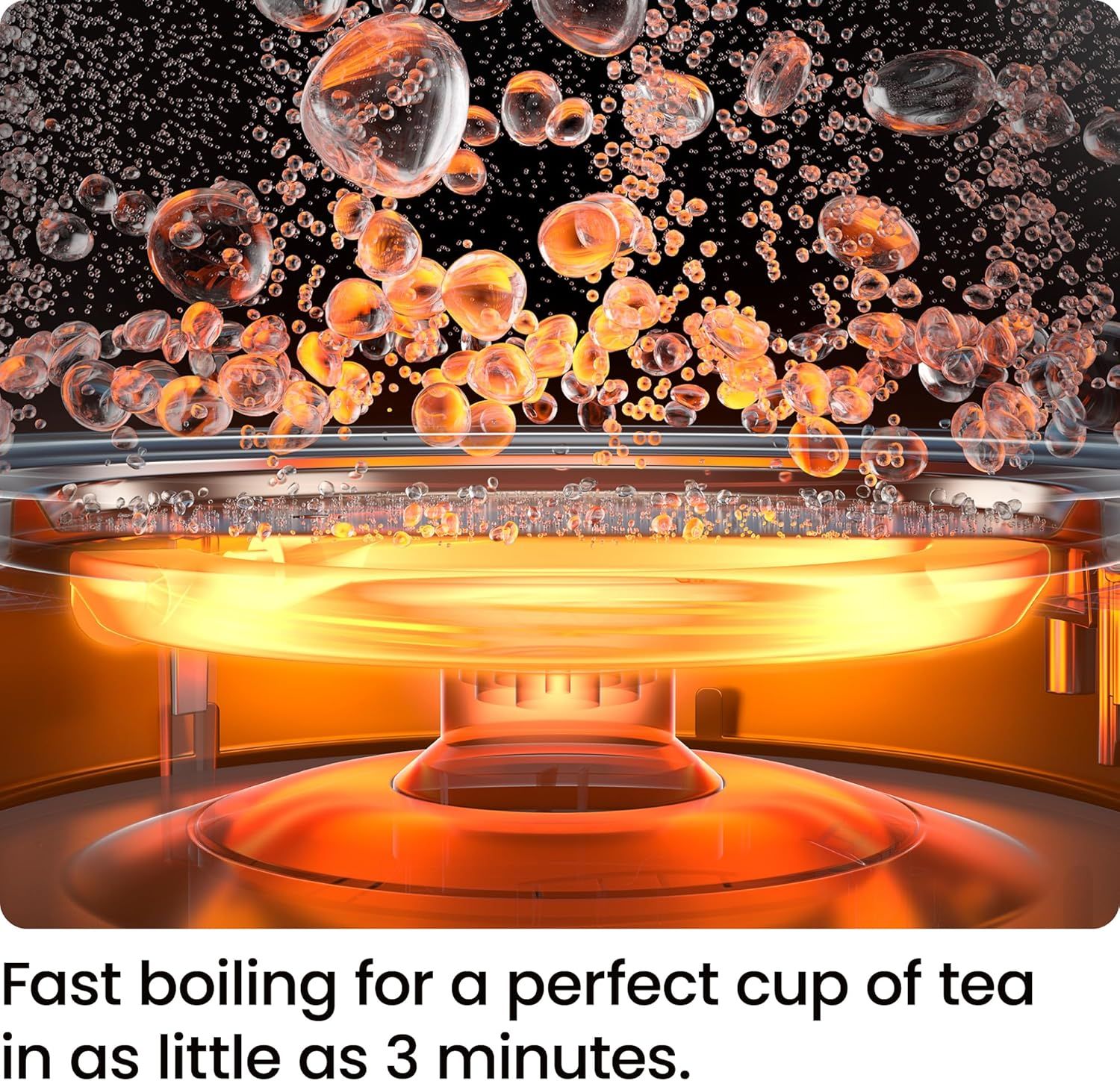 Communicates the product's fast boiling capability by highlighting the specific time metric of 3 minutes to boil water for tea, emphasizing speed and…