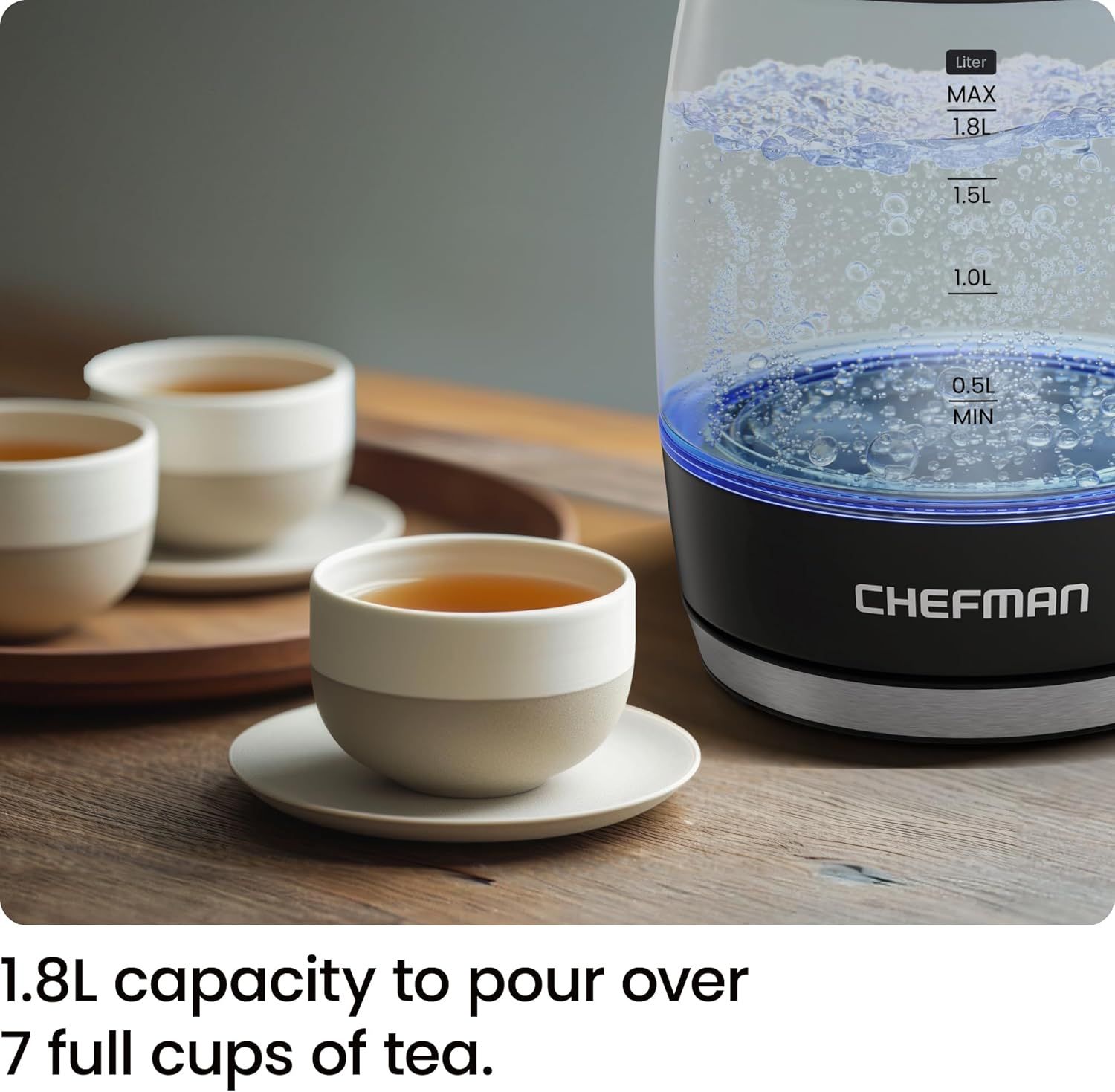Communicates the kettle's large capacity by showing it can make over 7 full cups of tea, reassuring shoppers about its ability to serve multiple people.…