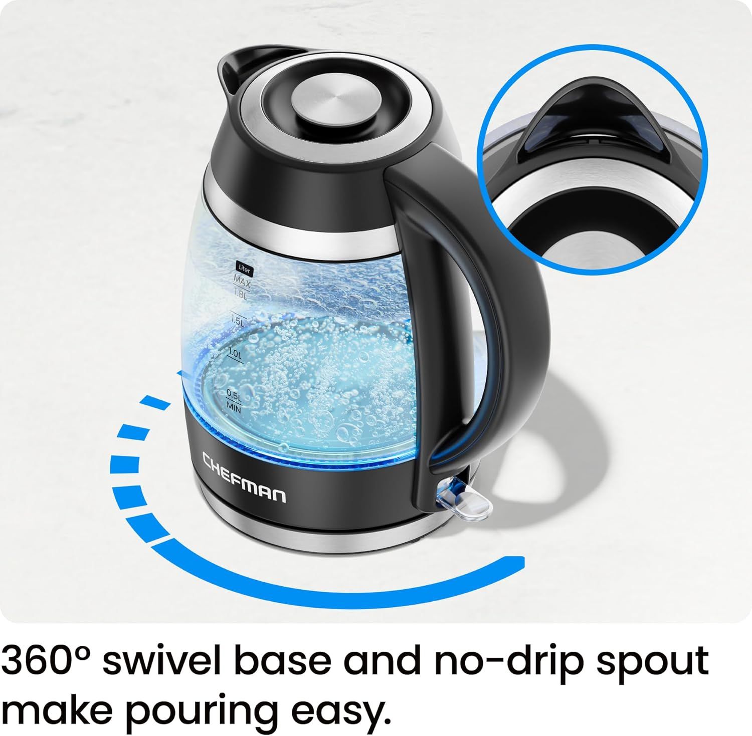 Highlights the kettle's physical design features—the 360° swivel base and no-drip spout—to demonstrate ease of use and convenience when pouring. Communicates…
