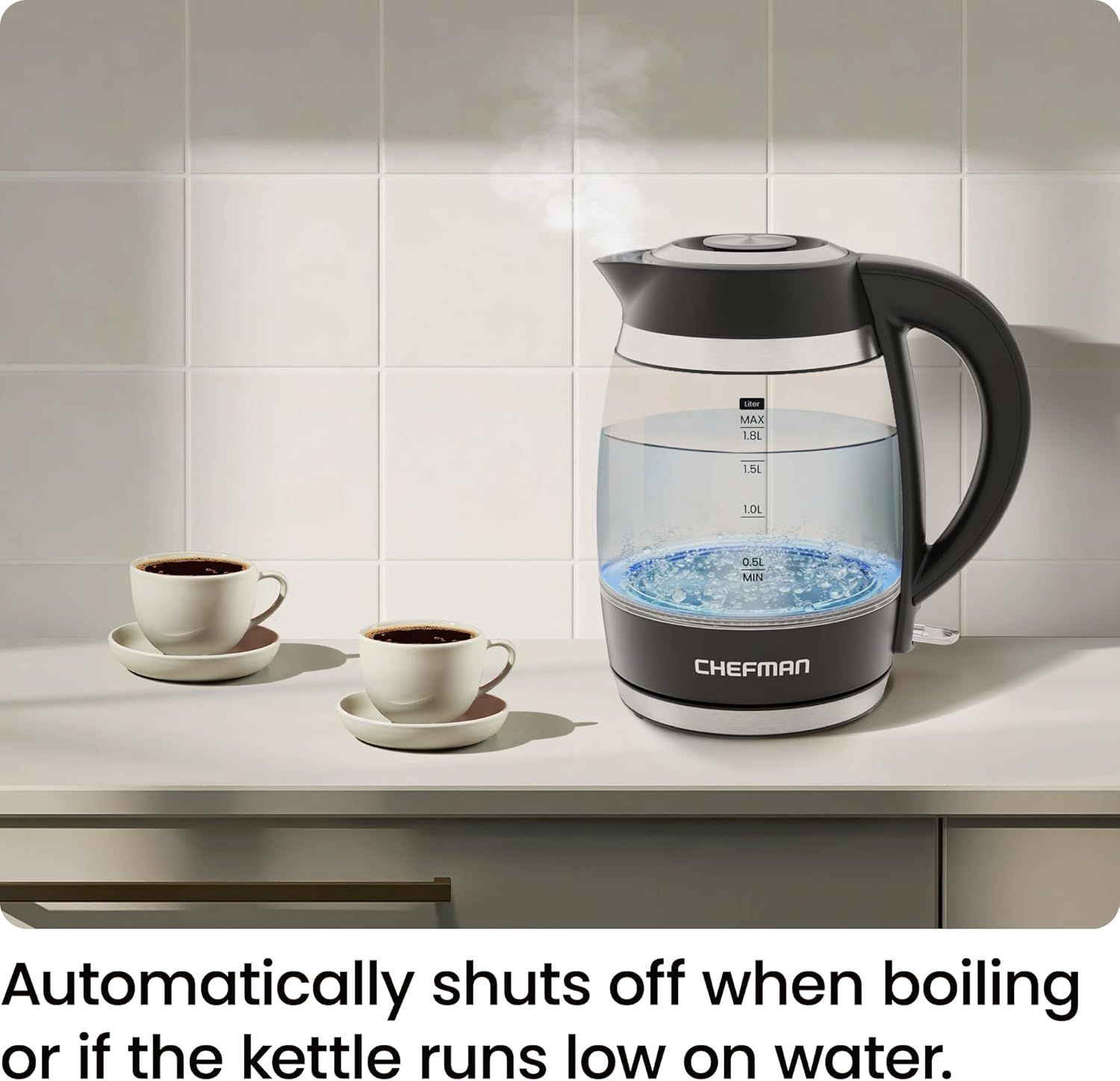 Communicates the kettle's automatic shut-off safety feature that activates when water boils or runs low, reassuring shoppers about safe and convenient…