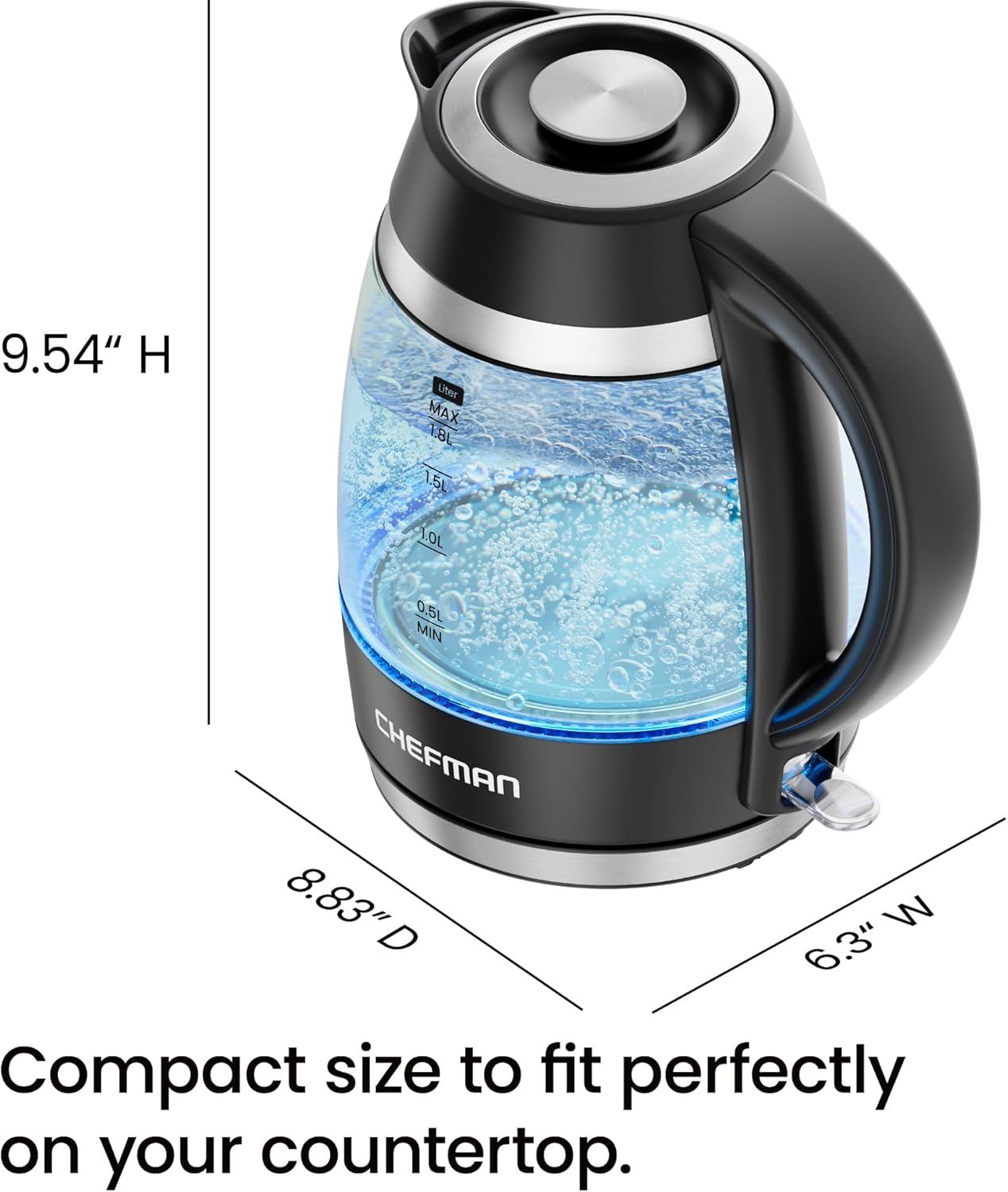 Communicates the exact physical dimensions of the kettle to reassure shoppers it will fit comfortably on their countertop without taking up too much space. Highlights the compact,…