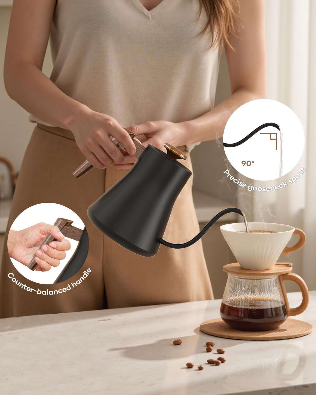 Highlights two distinct design features of the kettle—the precise 90-degree gooseneck spout for controlled pouring and the counter-balanced handle for…