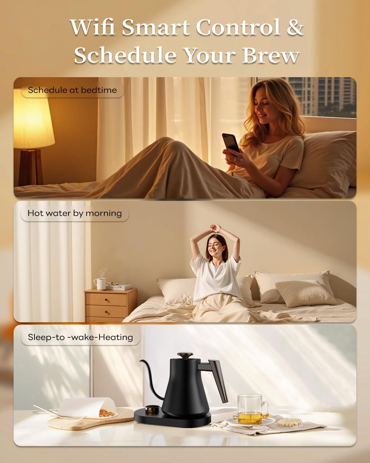 Demonstrates multiple use cases for the WiFi-enabled smart kettle, showing how it can be scheduled at bedtime, provide hot water by morning, and support a…