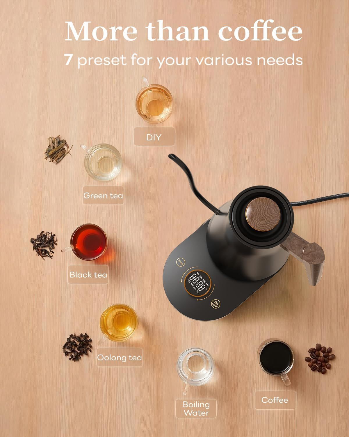 Demonstrates the product's versatility by showing it can prepare multiple types of beverages (coffee, various teas, DIY options, and boiling water) to meet…