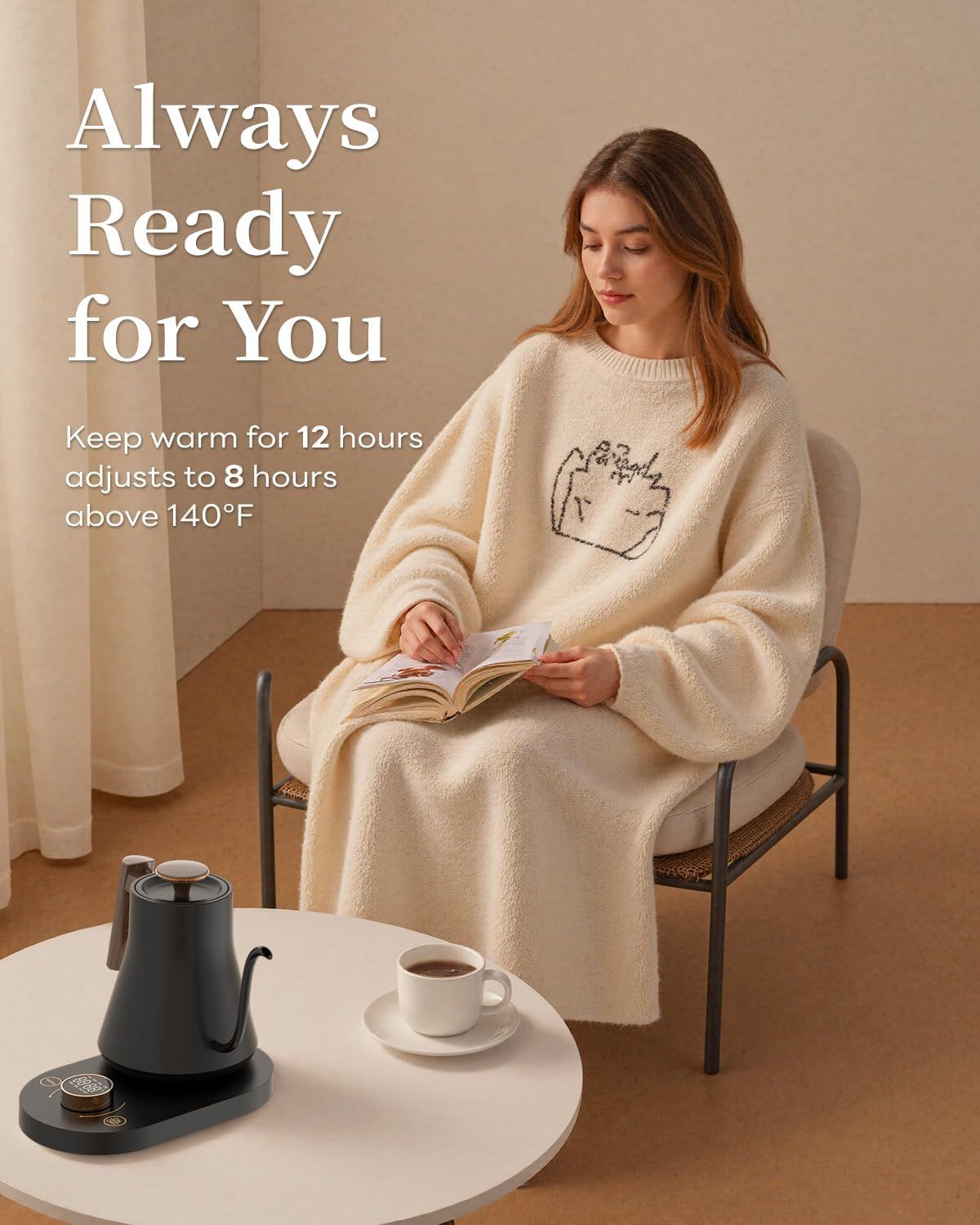 Communicates the product's performance capabilities by highlighting specific time and temperature metrics to reassure shoppers about long-lasting warmth and convenience. Shows the product in a…
