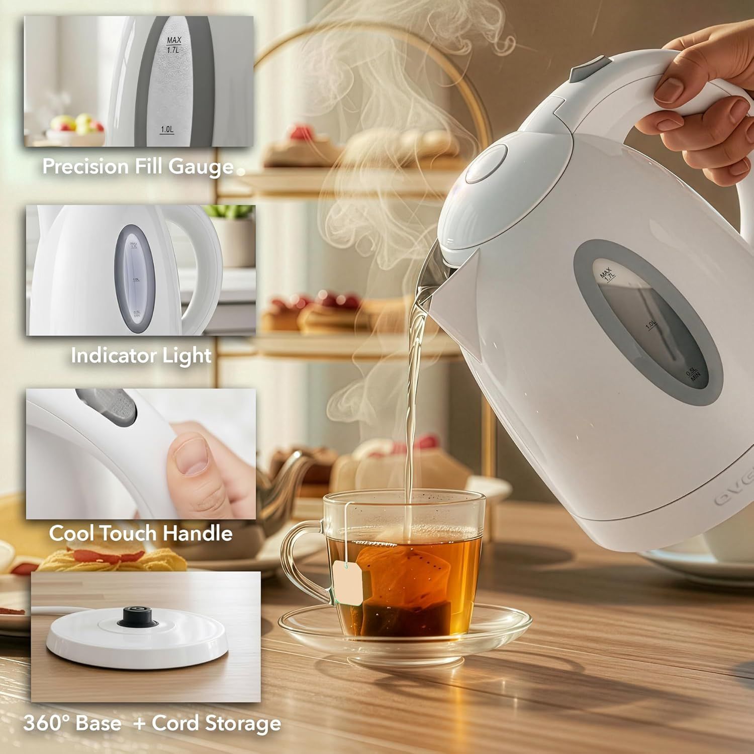 Highlights multiple distinct features of the electric kettle in a segmented layout to demonstrate its convenience, safety, and usability benefits.