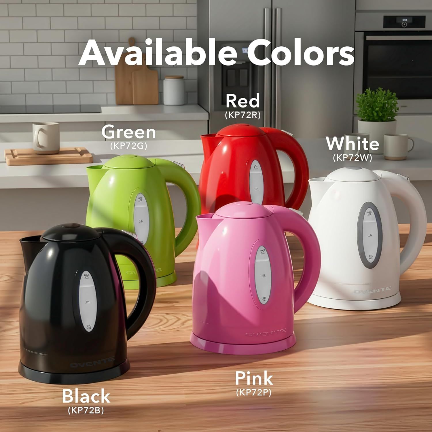 Shows the shopper all available color options for this kettle model, helping them choose the variant that best matches their kitchen decor or personal preference.