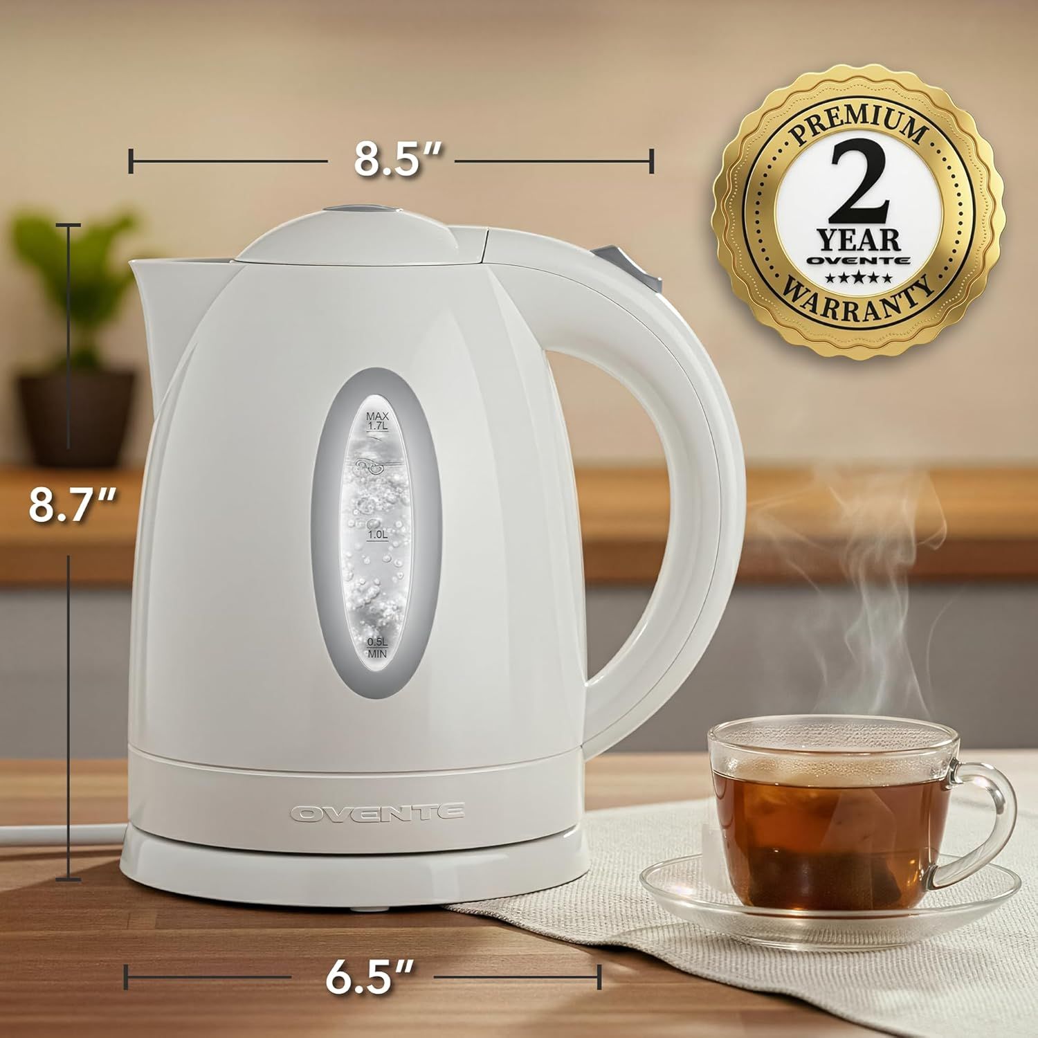 Communicates the exact physical dimensions of the electric kettle (8.5" width, 8.7" height, 6.5" depth) to help shoppers understand its size and counter space requirements. Highlights the premium…