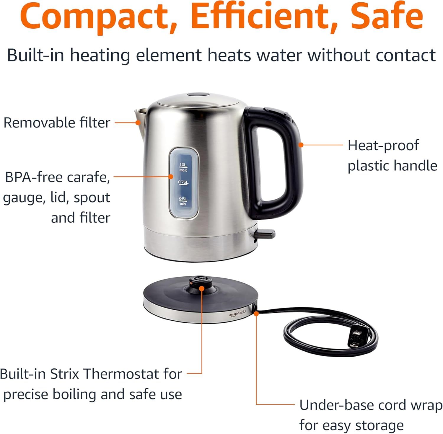 This image breaks down the electric kettle's physical components and structural features, helping shoppers understand what the product is made of and how its…