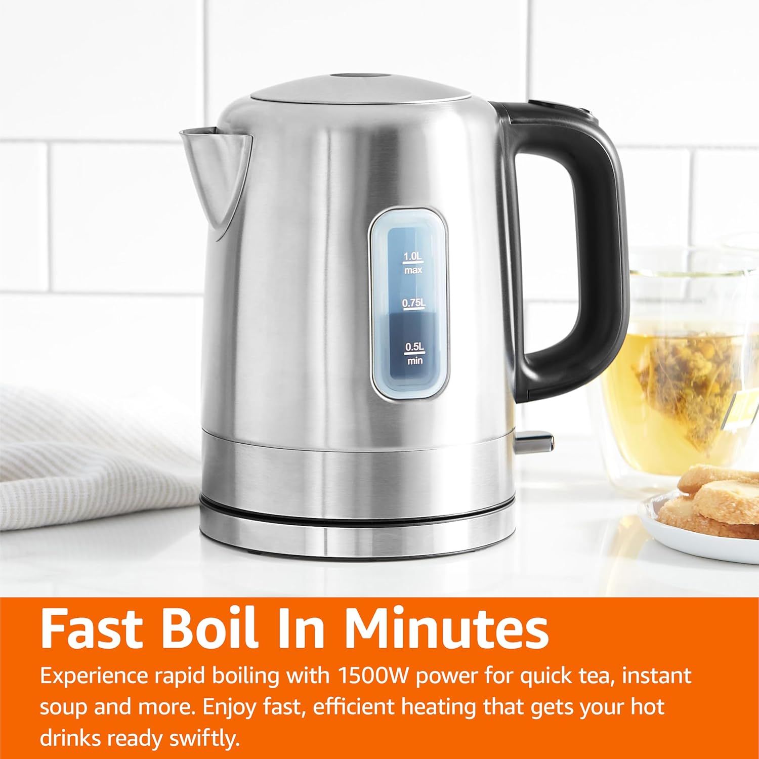 Communicates the kettle's rapid boiling capability using a prominent performance metric (1500W power) to reassure shoppers that it heats water quickly and efficiently for tea, soup, and other hot…