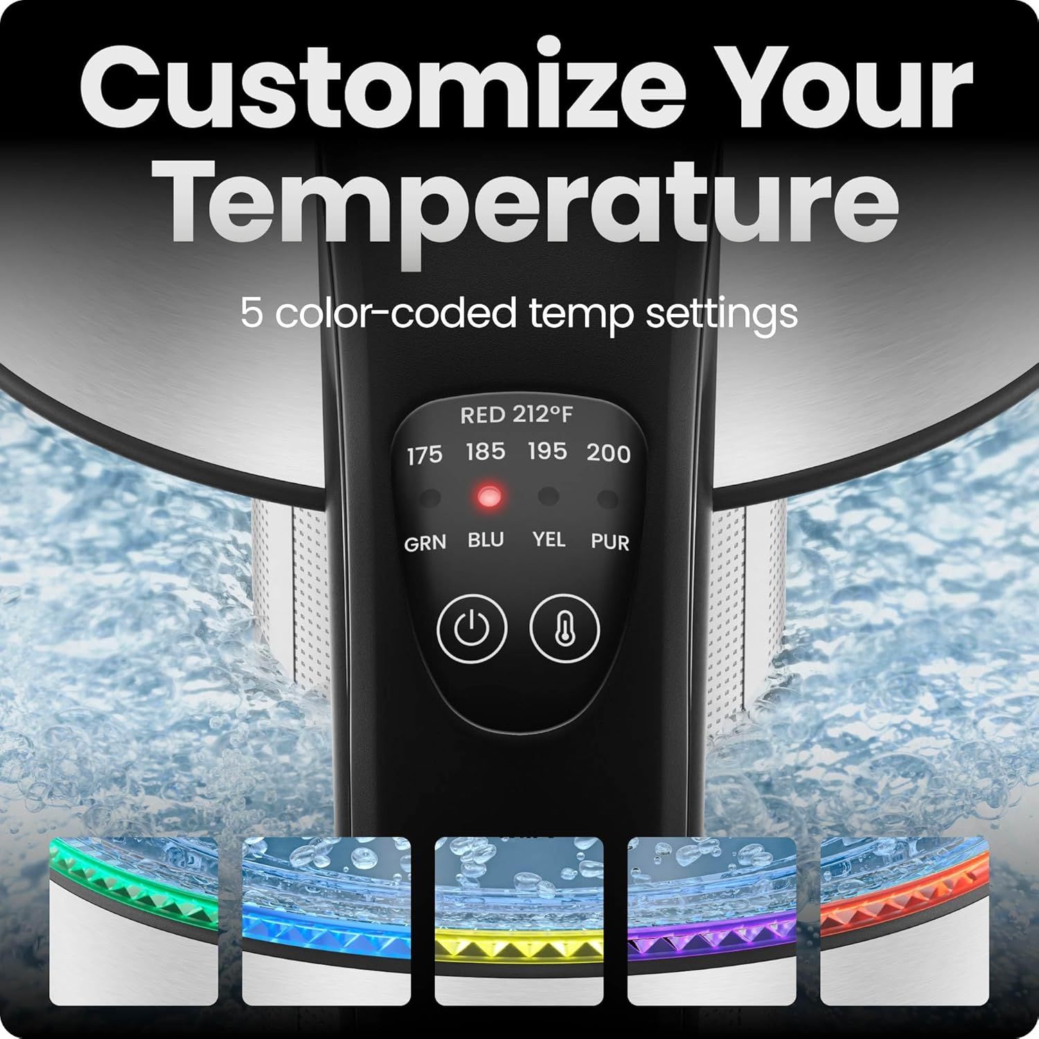 Highlights the product's customizable temperature control feature with 5 color-coded settings, showing shoppers how to adjust and personalize their…