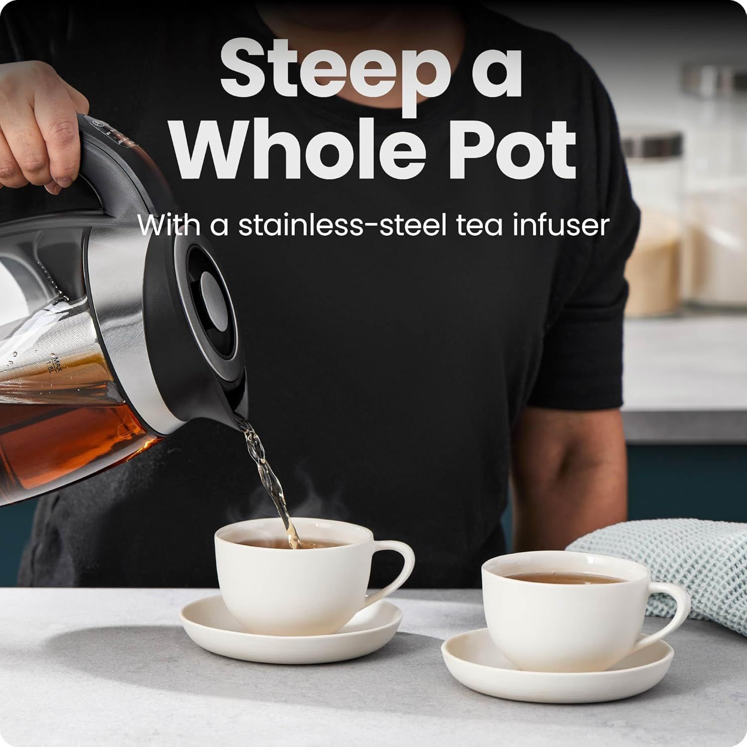 Highlights the product's ability to steep a whole pot of tea using a built-in stainless-steel infuser, emphasizing convenience and capacity for serving…