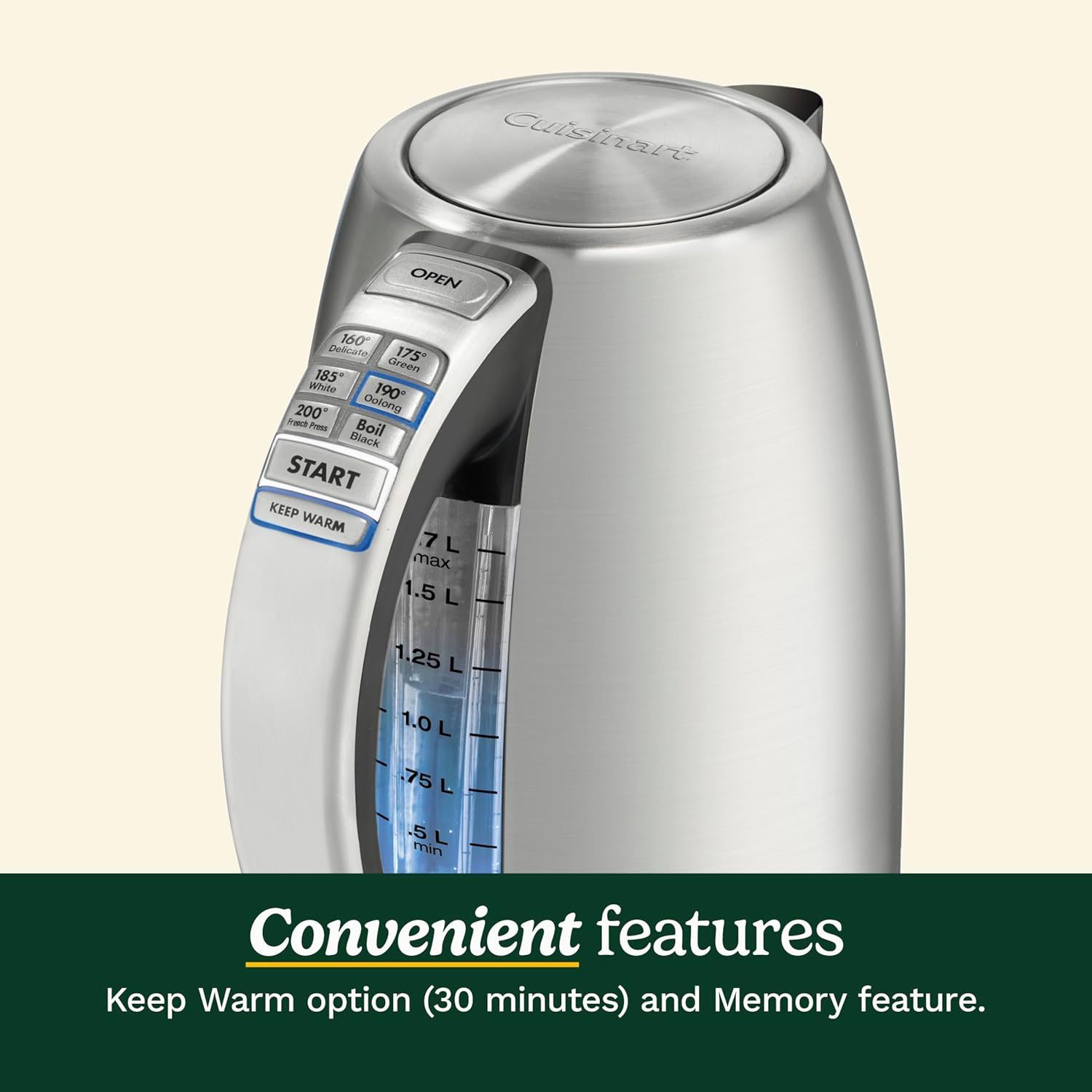 Highlights the convenient features of the kettle, specifically the Keep Warm option that maintains temperature for 30 minutes and the Memory feature,…