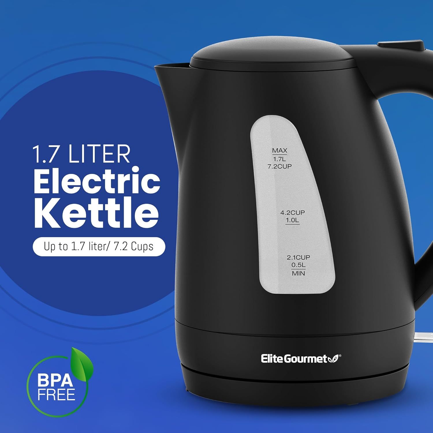 Communicates the large capacity of the electric kettle to show shoppers how much water it can hold, emphasizing its suitability for multiple servings. Reassures shoppers that the kettle is made with…