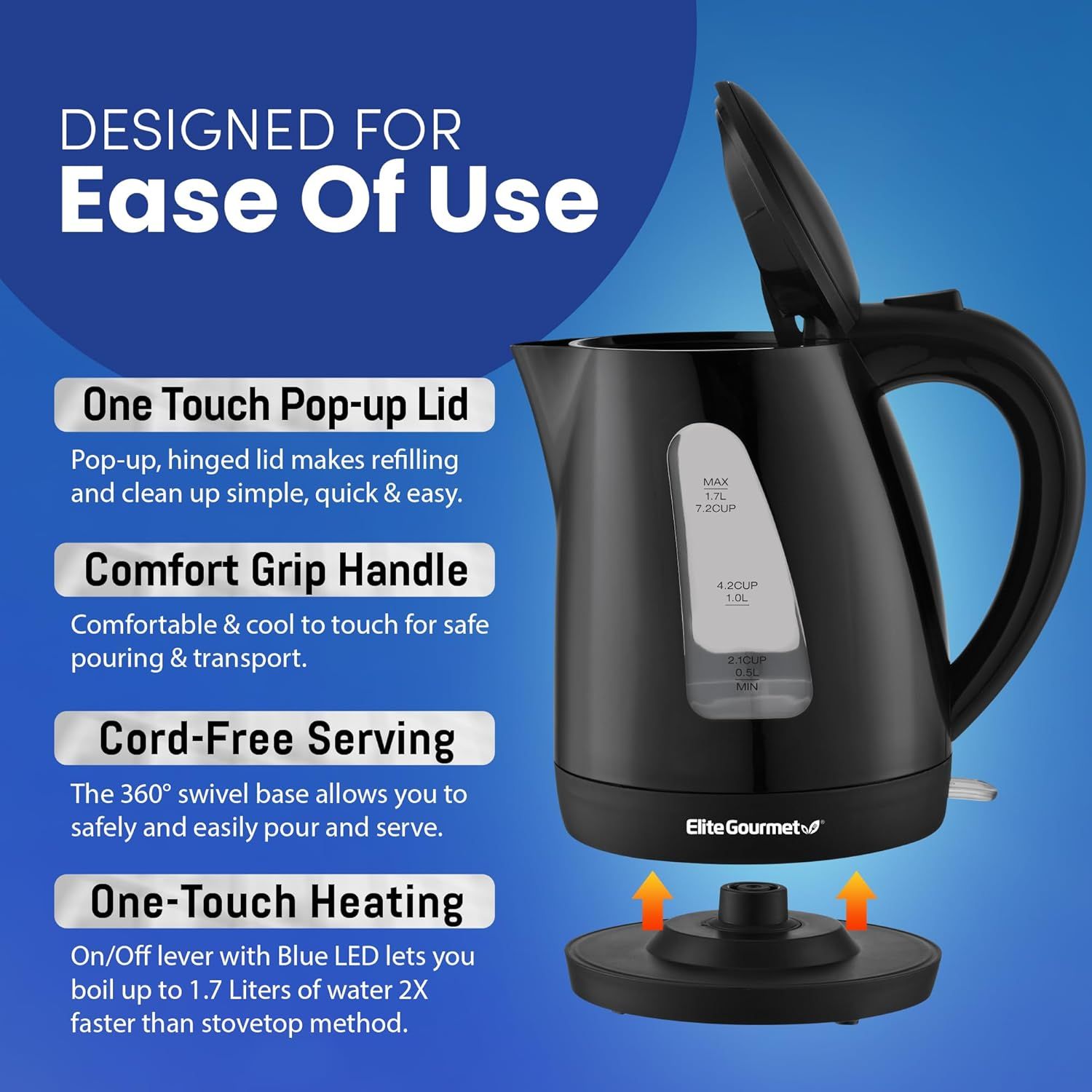 Communicates multiple distinct benefits of the electric kettle in a segmented layout, highlighting ease of use, safety, convenience, and fast heating to help…