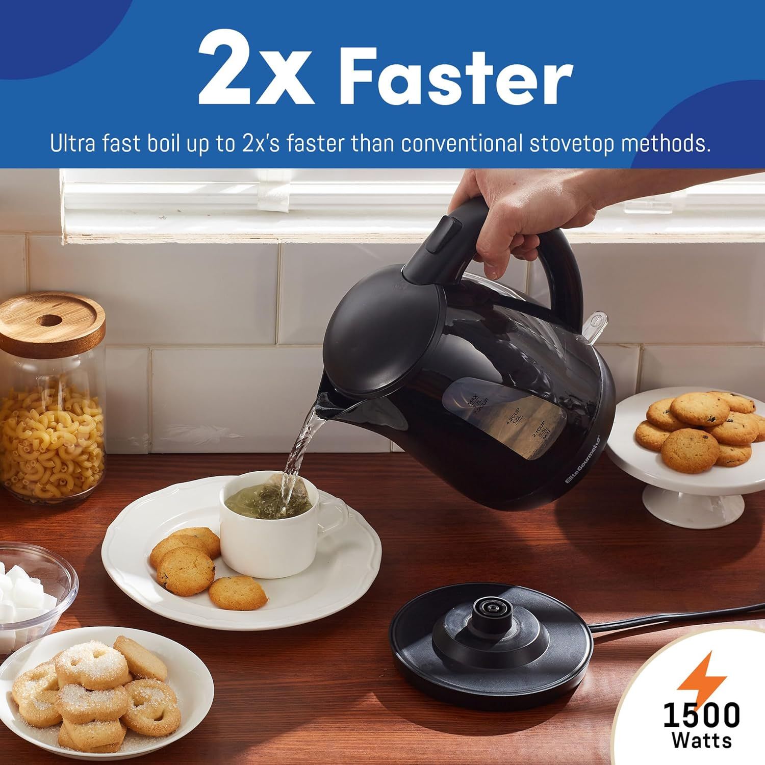 Communicates the product's superior speed performance compared to conventional stovetop methods, emphasizing efficiency and time-saving benefits to shoppers. Highlights the kettle's rapid boiling…