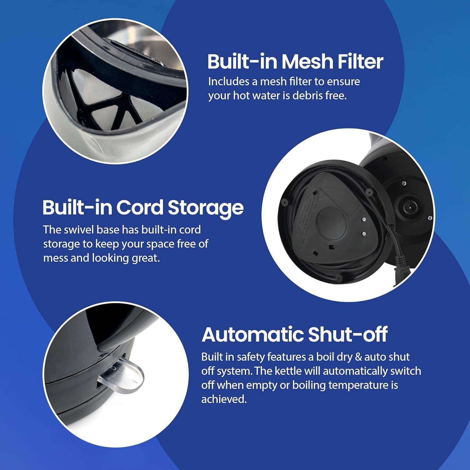 Showcases three distinct product features in a segmented layout to communicate the kettle's convenience, safety, and cleanliness benefits to shoppers.