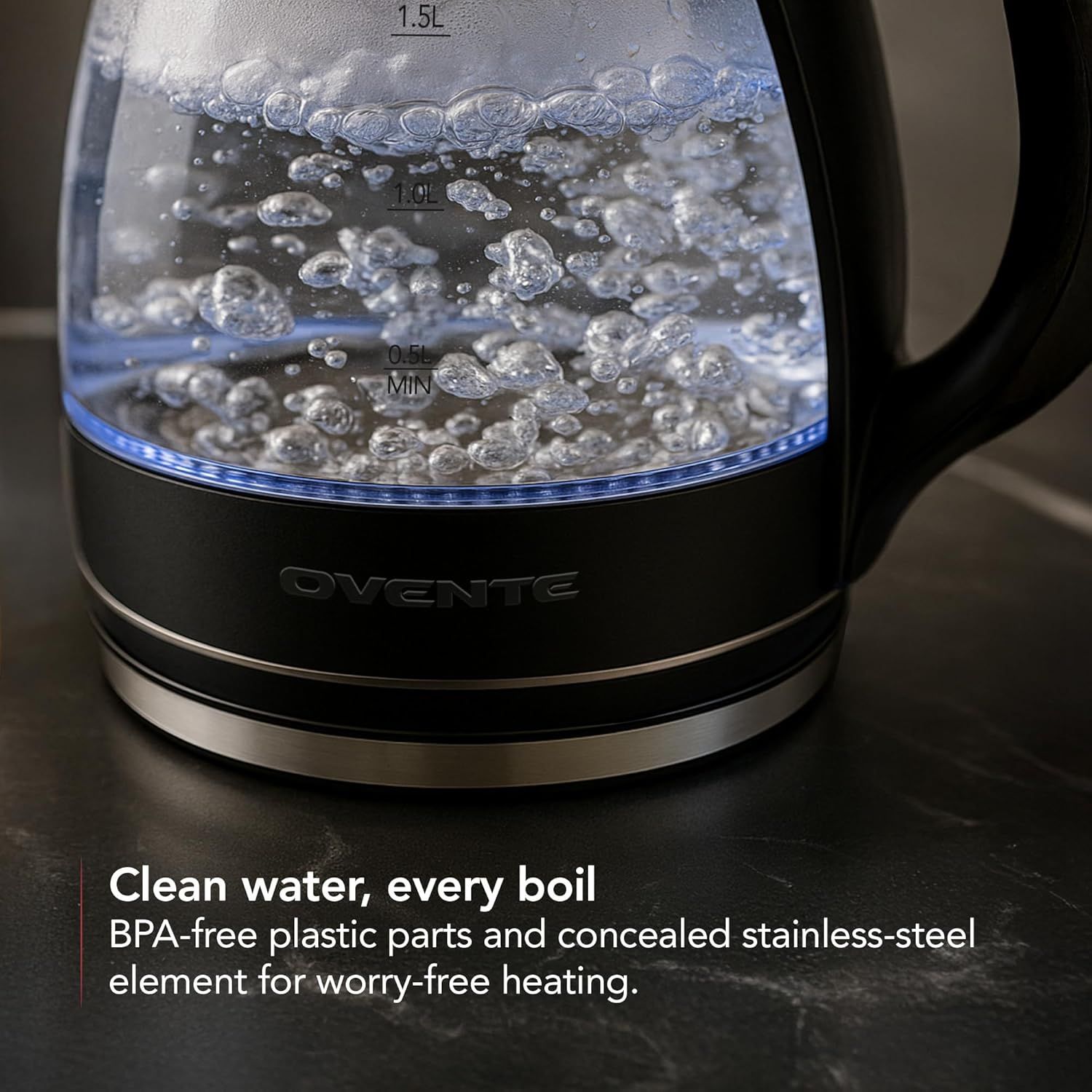 Reassures shoppers that the kettle is safe for health with BPA-free materials and a concealed heating element that ensures clean, worry-free water every time. Communicates the core benefit of safe,…
