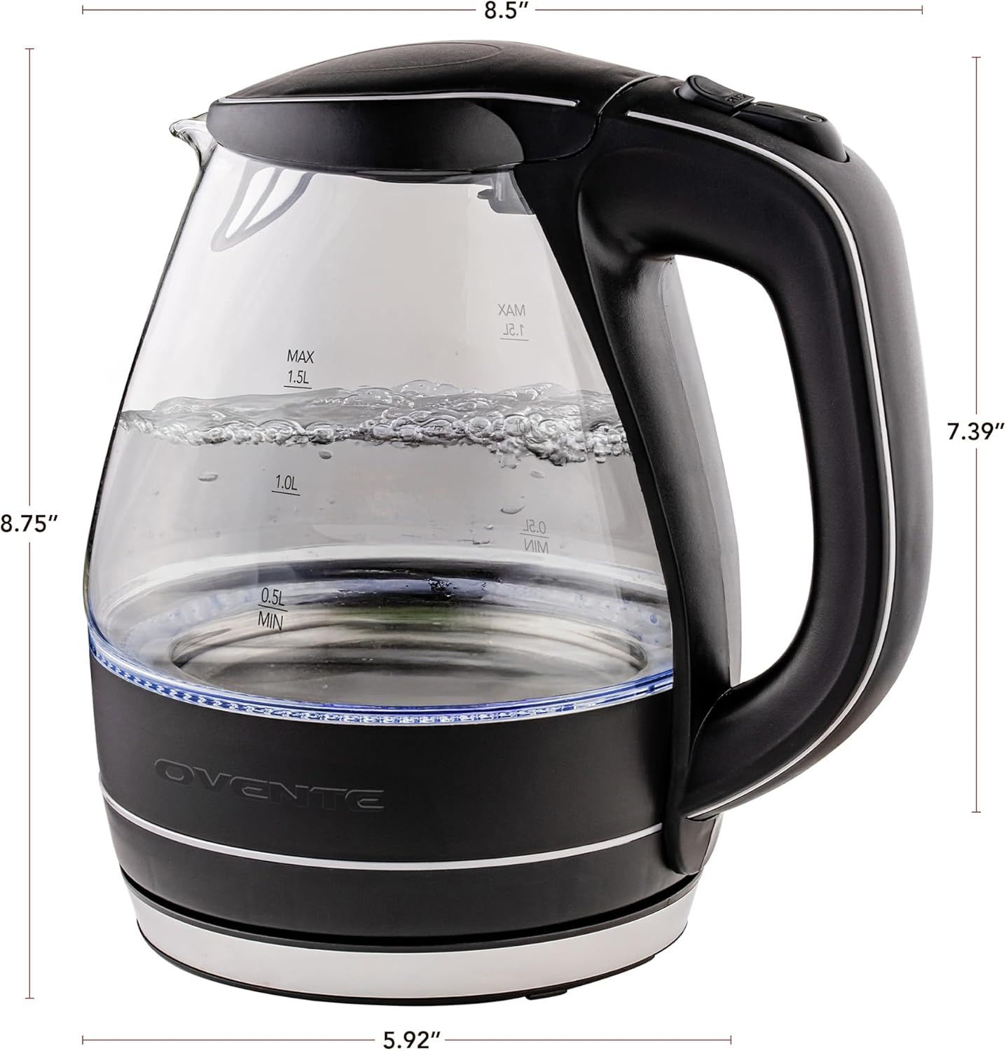 Communicates the exact physical dimensions of the electric kettle (8.5" width, 7.39" height, 8.75" depth, 5.92" base) to help shoppers understand the product's size and whether it will fit in their…
