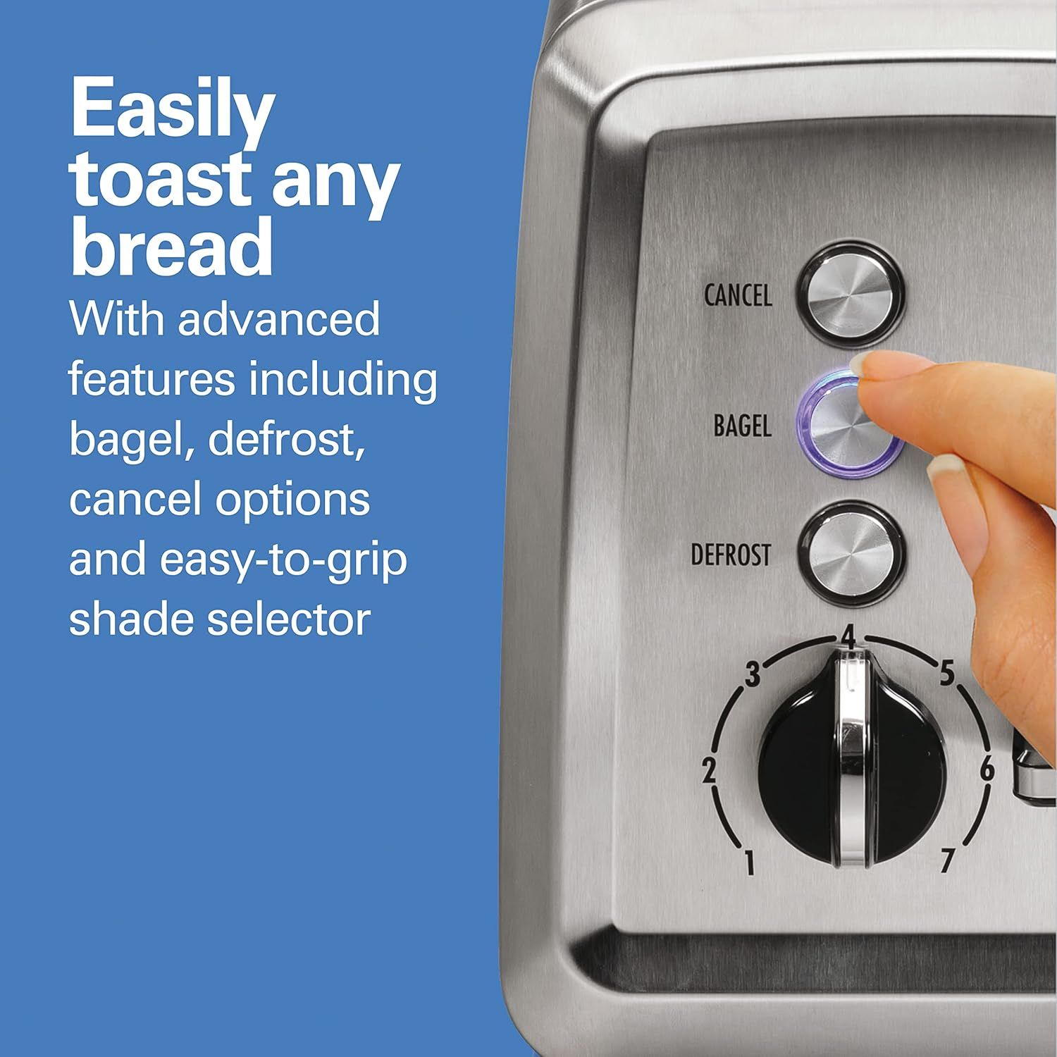 Communicates the toaster's versatility and ease of use by highlighting multiple advanced features that allow users to toast any type of bread with precision…