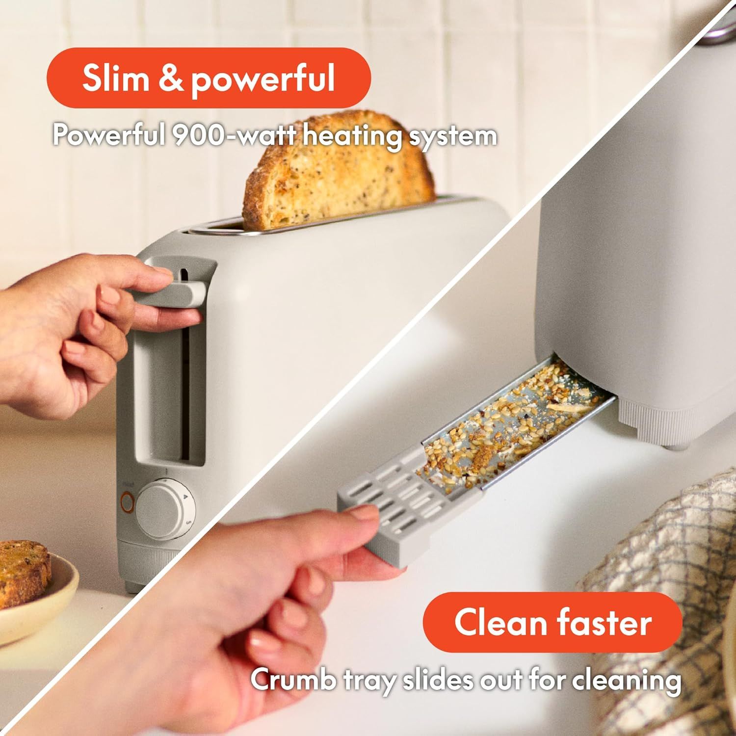 Communicates two distinct product benefits in a visually segmented layout: the powerful heating performance and the convenient cleaning feature, reassuring…