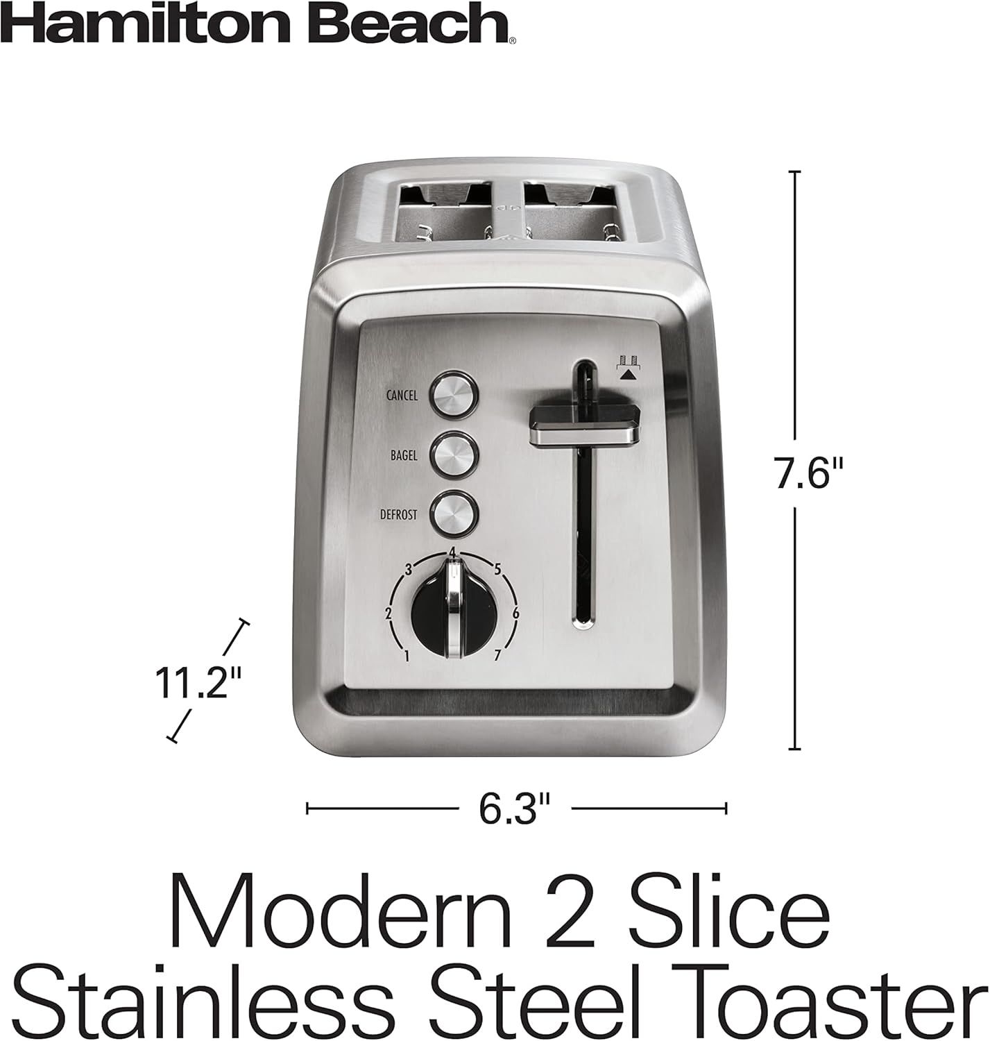 Communicates the exact physical dimensions of the toaster (7.6 x 11.2 x 6.3 inches) to help shoppers understand how much counter space it will occupy.