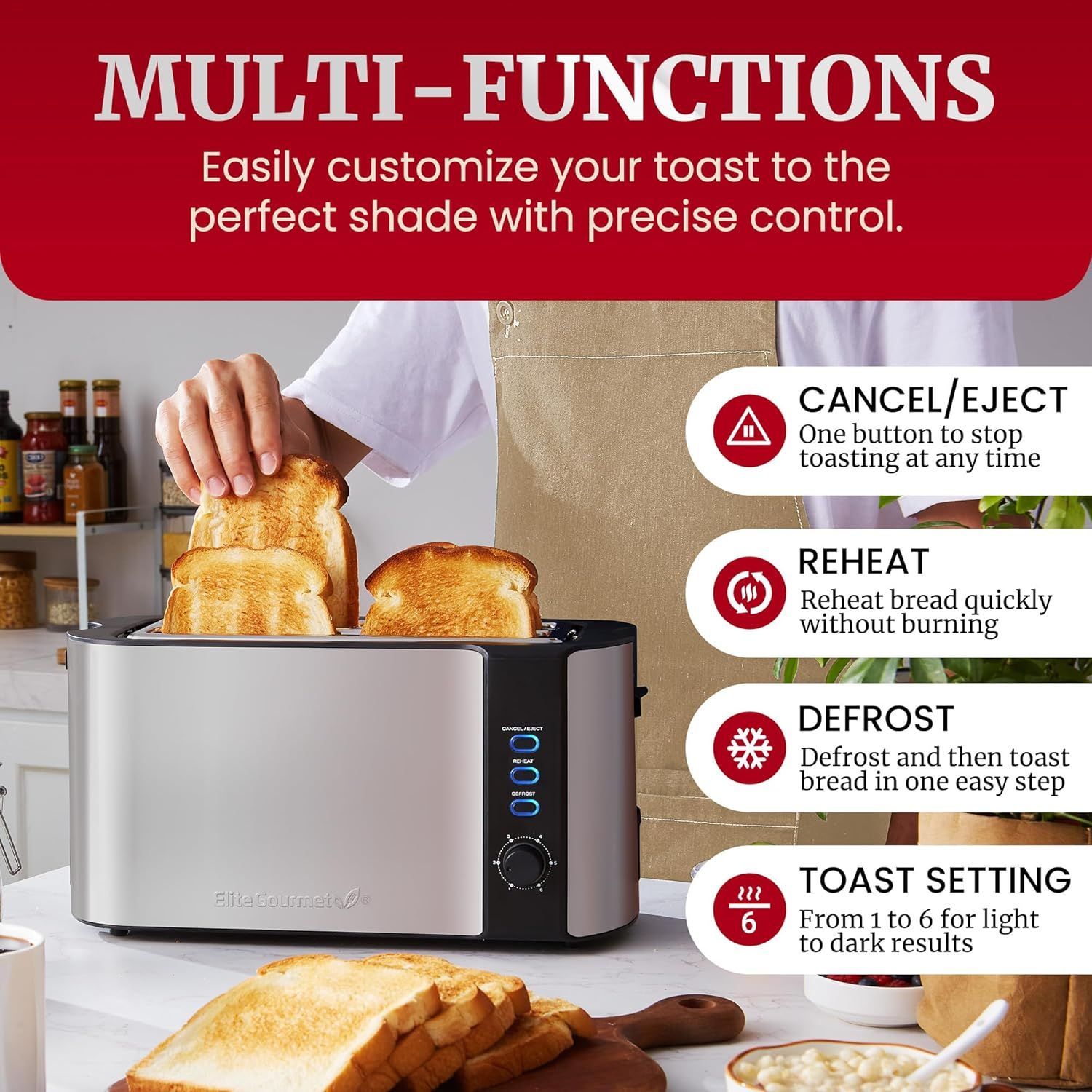 Showcases the toaster's multiple functions (cancel/eject, reheat, defrost, and adjustable toast settings) to demonstrate versatility and precise control for…
