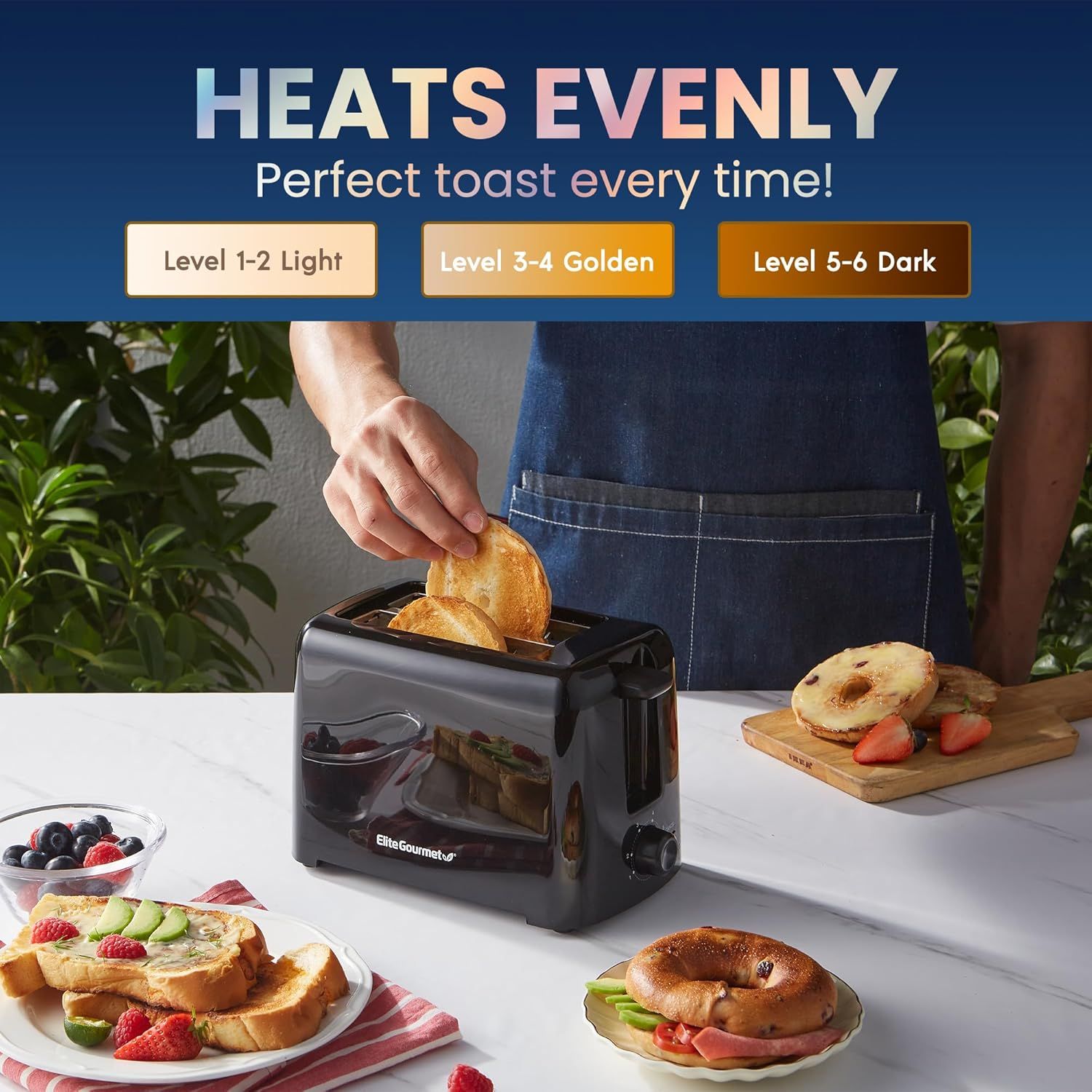 Communicates that the toaster delivers consistent, even heating across multiple browning levels, ensuring perfect toast every time and giving shoppers…