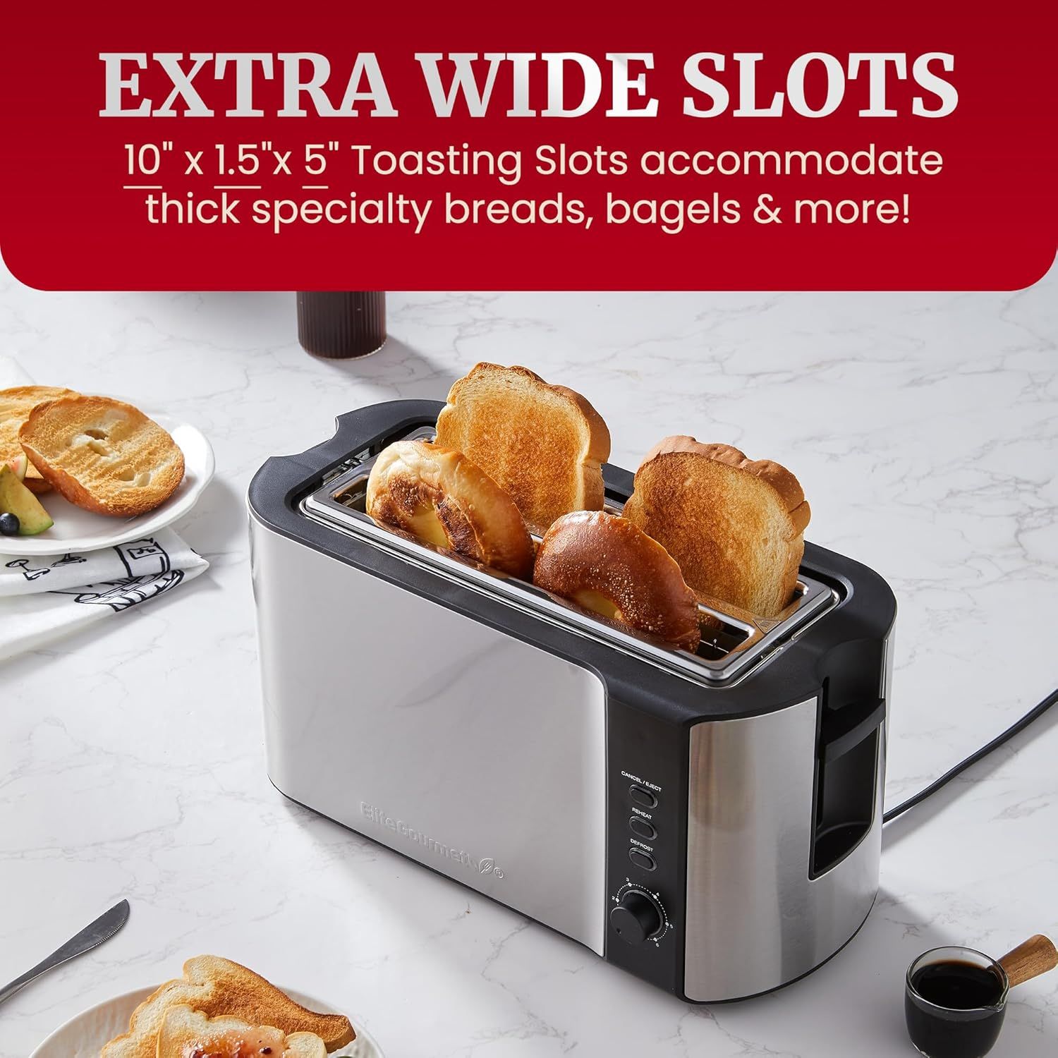 Communicates the toaster's extra-wide slot dimensions to reassure shoppers that it can accommodate thick specialty breads, bagels, and other oversized items.…