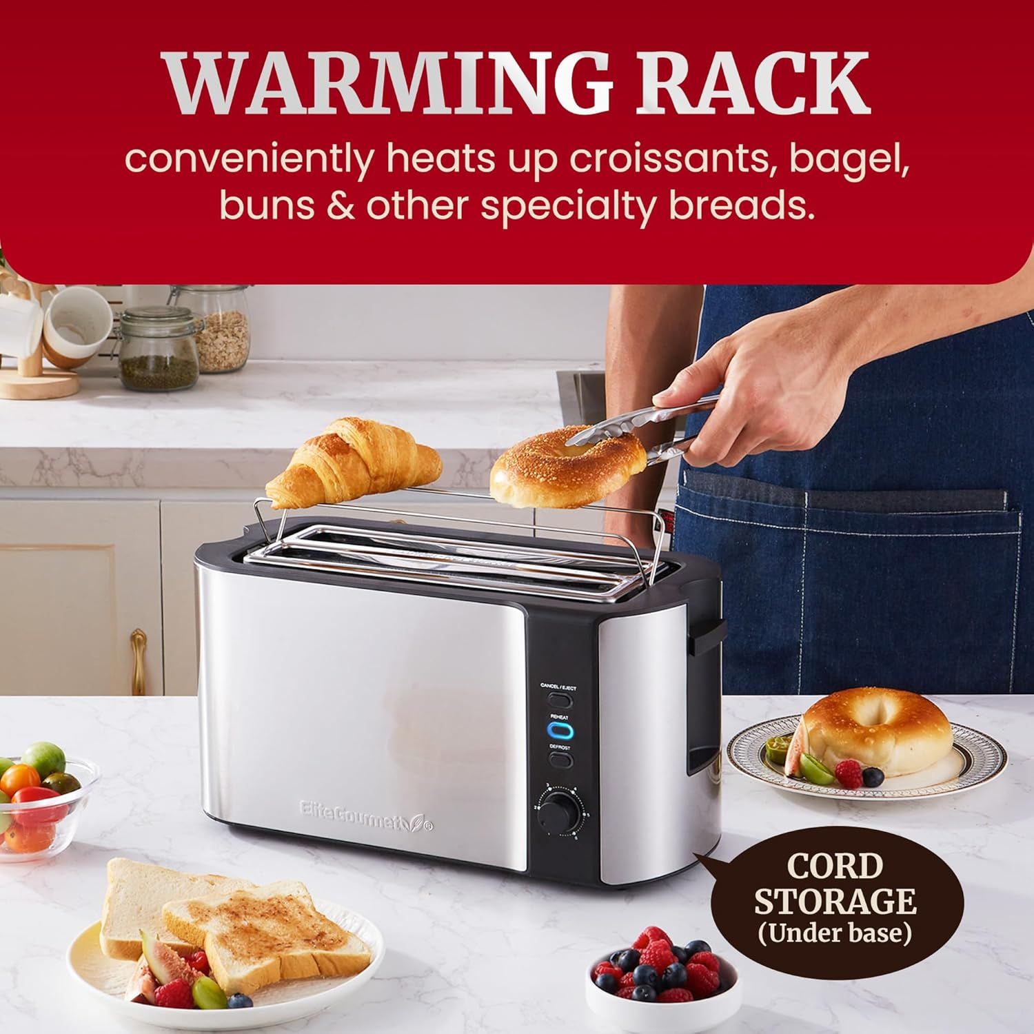 Highlights two distinct product features: the warming rack for heating specialty breads and the convenient cord storage under the base, demonstrating the…