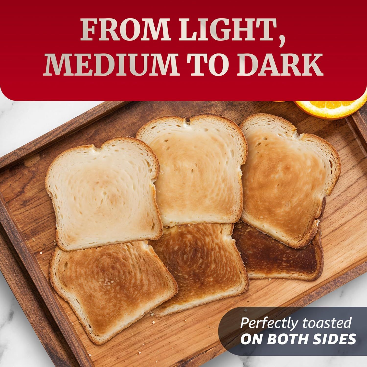 Demonstrates the product's ability to toast bread at multiple browning levels (light, medium, dark) and toast evenly on both sides, reassuring shoppers of…