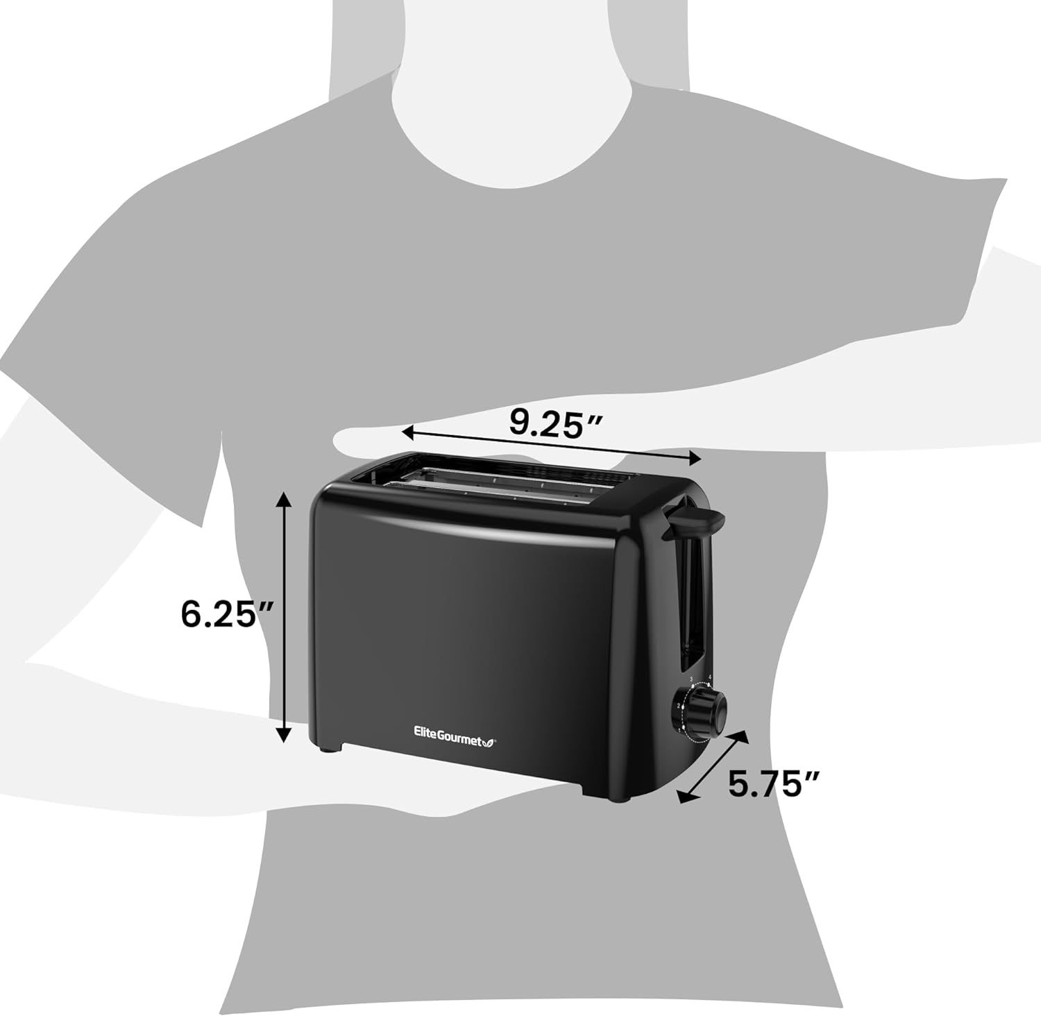 Communicates the exact physical dimensions of the toaster (9.25" x 6.25" x 5.75") using a human scale reference to help shoppers understand how much counter…