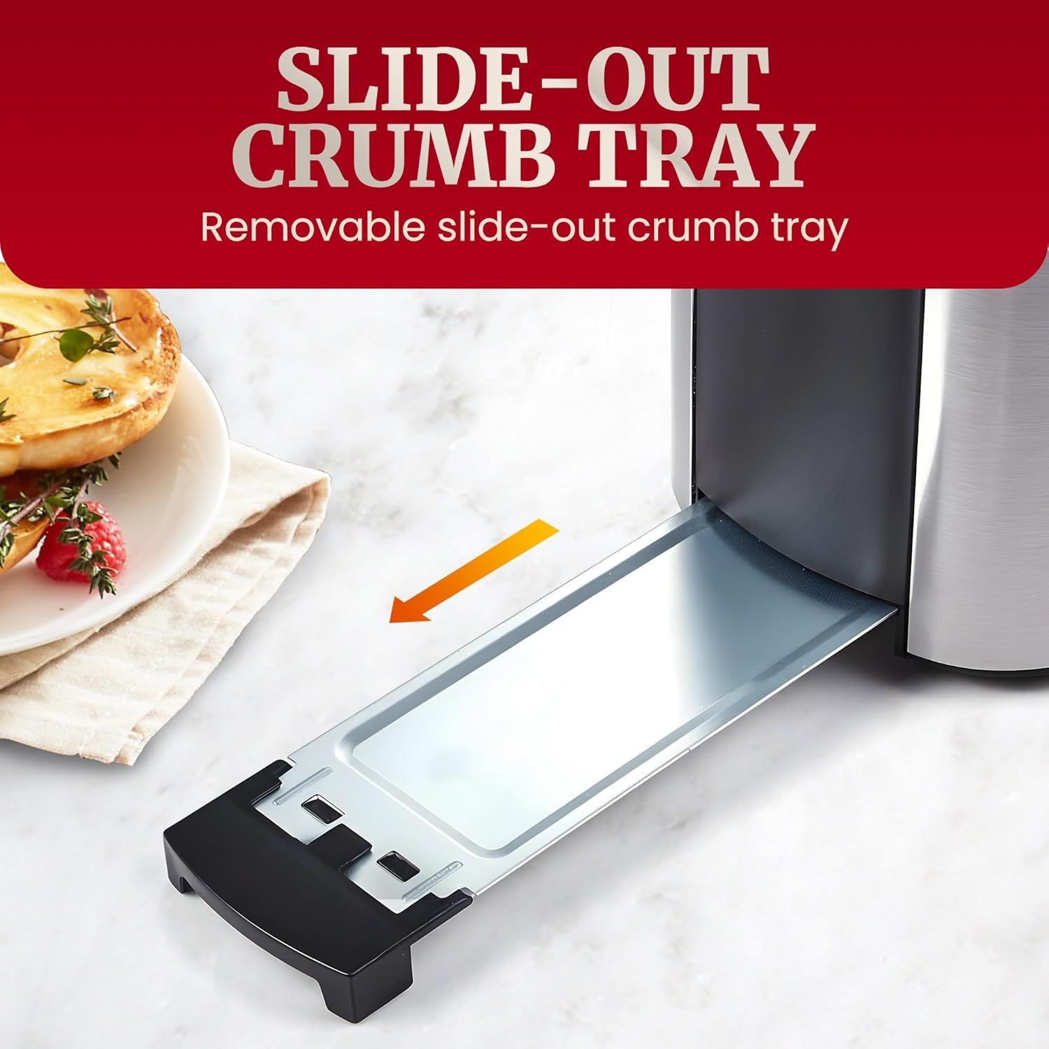 Highlights the removable slide-out crumb tray feature to show shoppers how easy it is to clean the toaster. Communicates the convenience benefit of the…