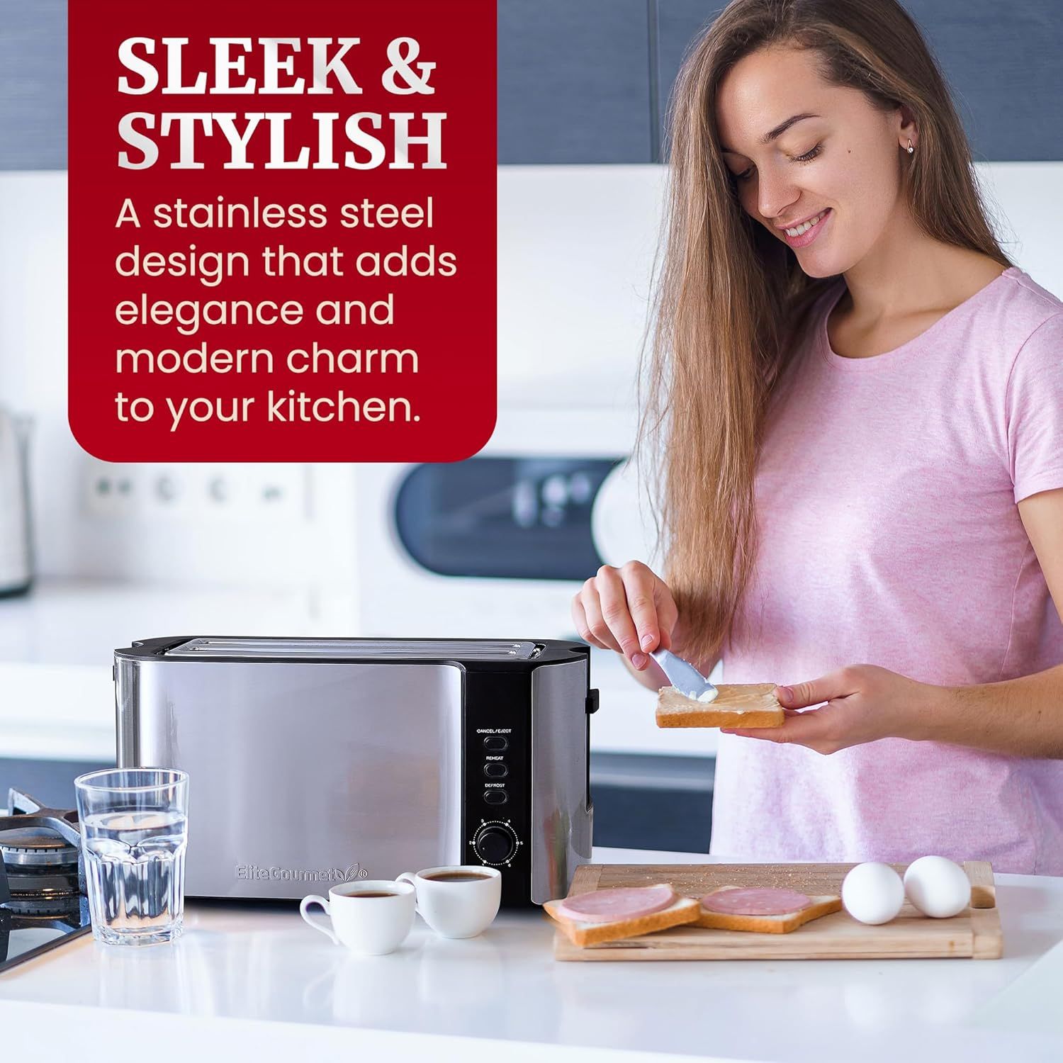 Communicates that the product features an elegant stainless steel design that adds modern charm and visual appeal to the kitchen.