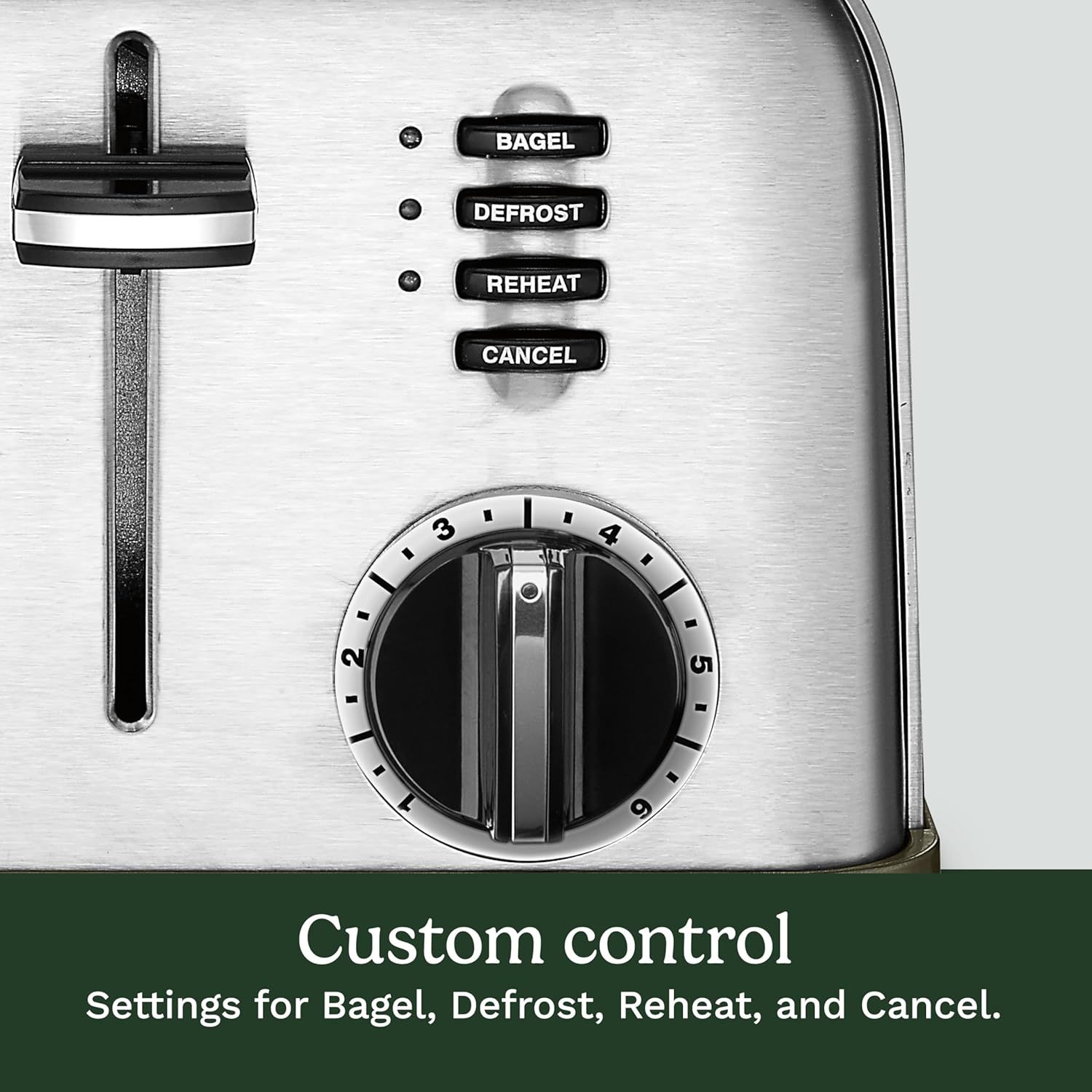 Highlights the toaster's control interface, showing the custom settings available (Bagel, Defrost, Reheat, Cancel) and the timer dial to reassure shoppers of…