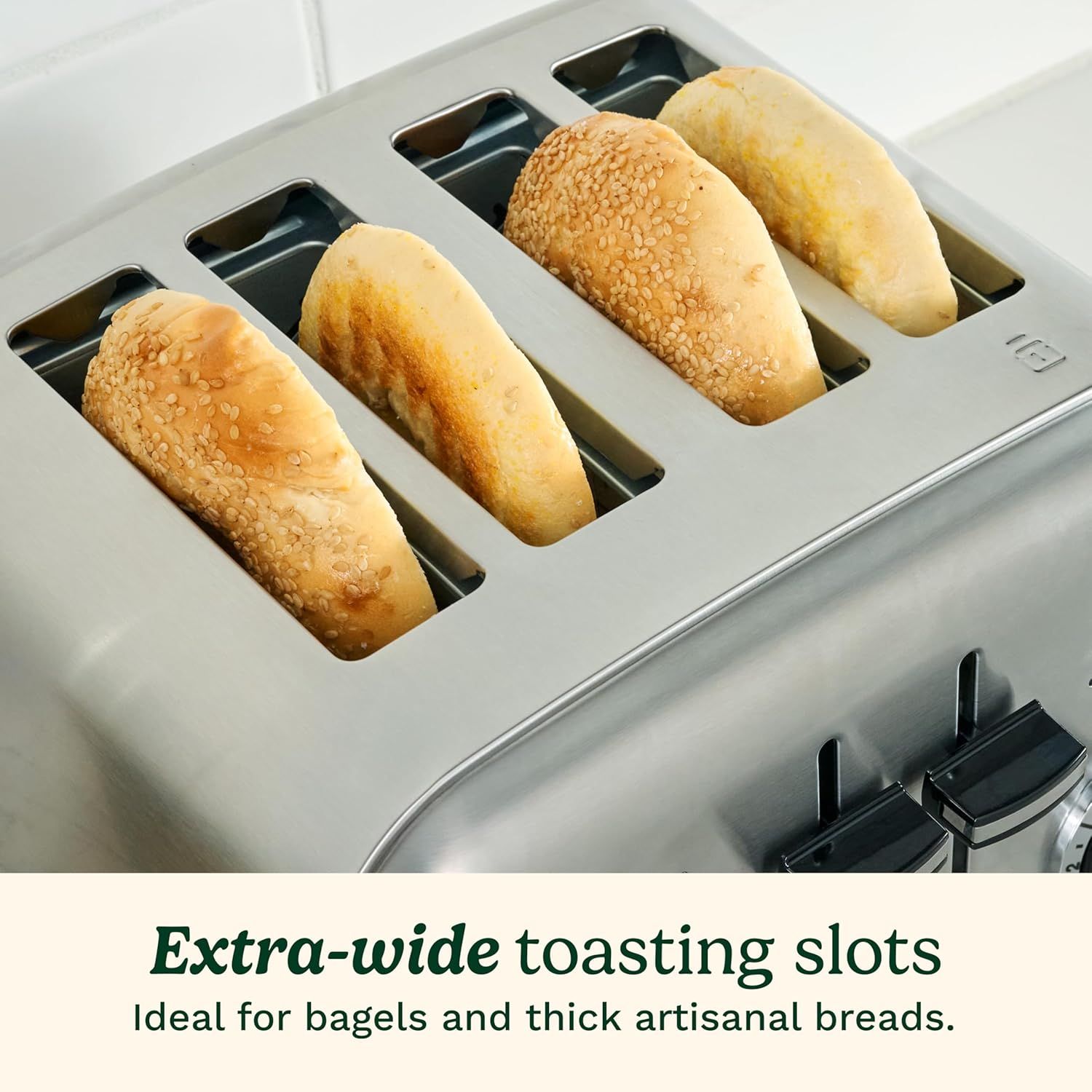 Highlights the toaster's extra-wide slots to reassure shoppers that it can accommodate bagels and thick artisanal breads, solving a common pain point with…