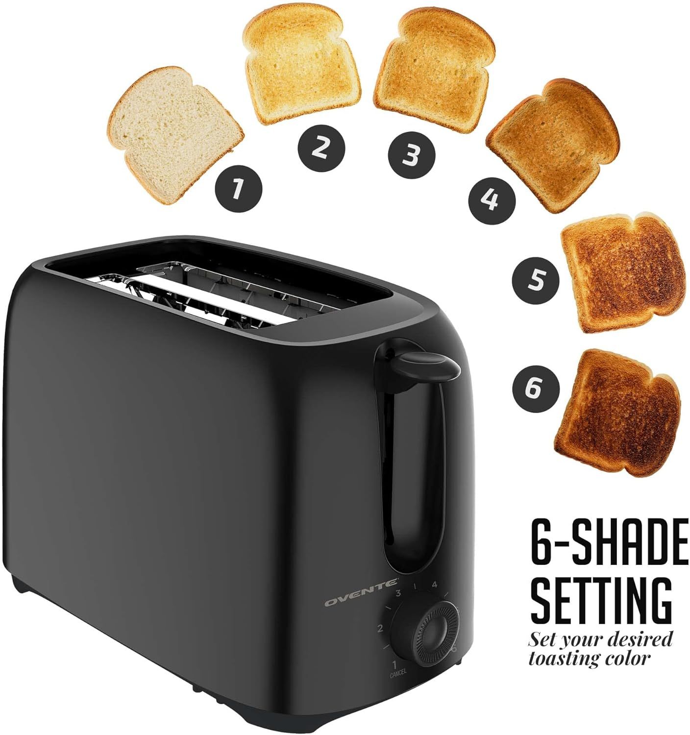 Demonstrates the toaster's adjustable browning control feature, showing shoppers they can customize their toast from light to dark across six different shade…