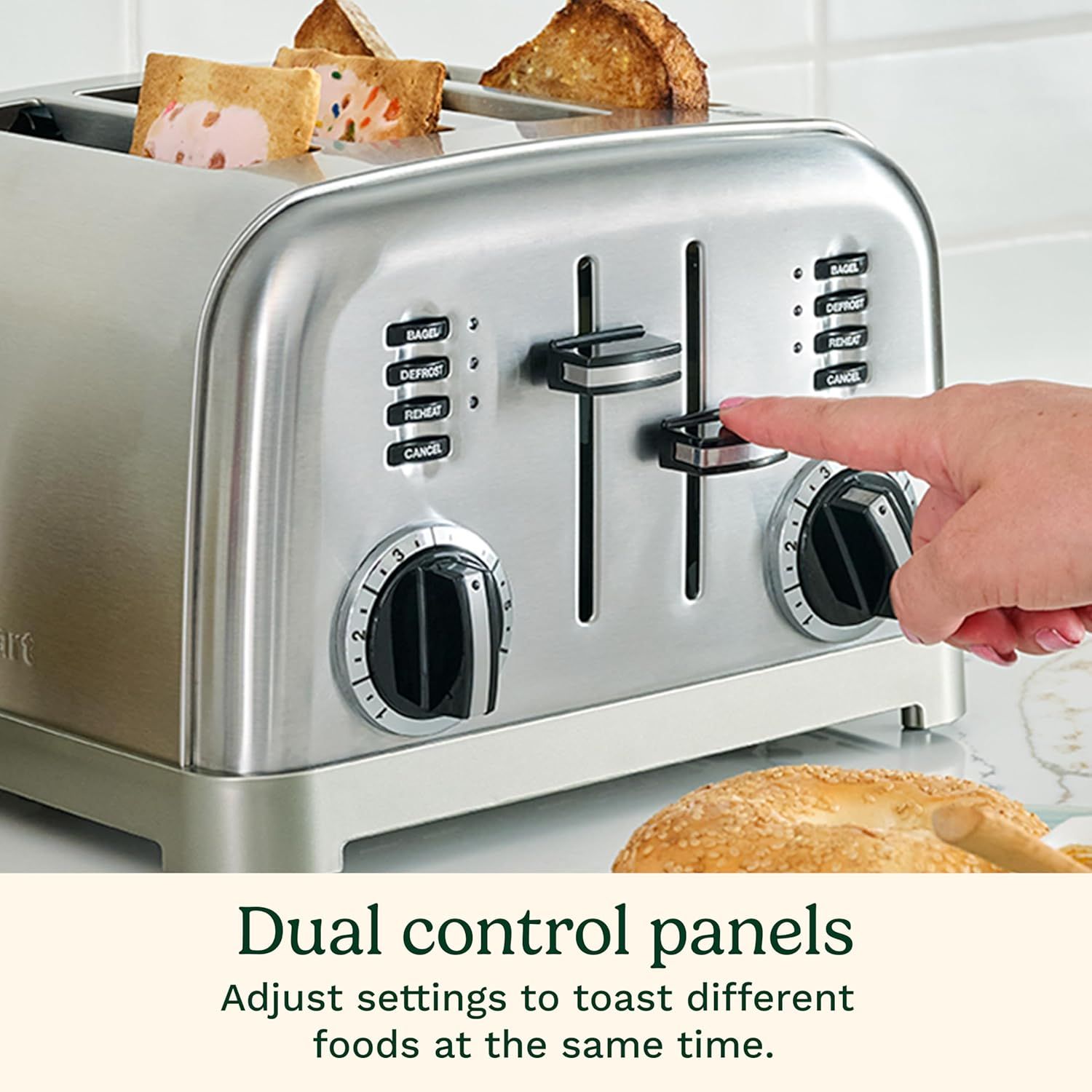 Highlights the dual control panel feature that allows users to independently adjust toasting settings for different foods simultaneously, emphasizing…