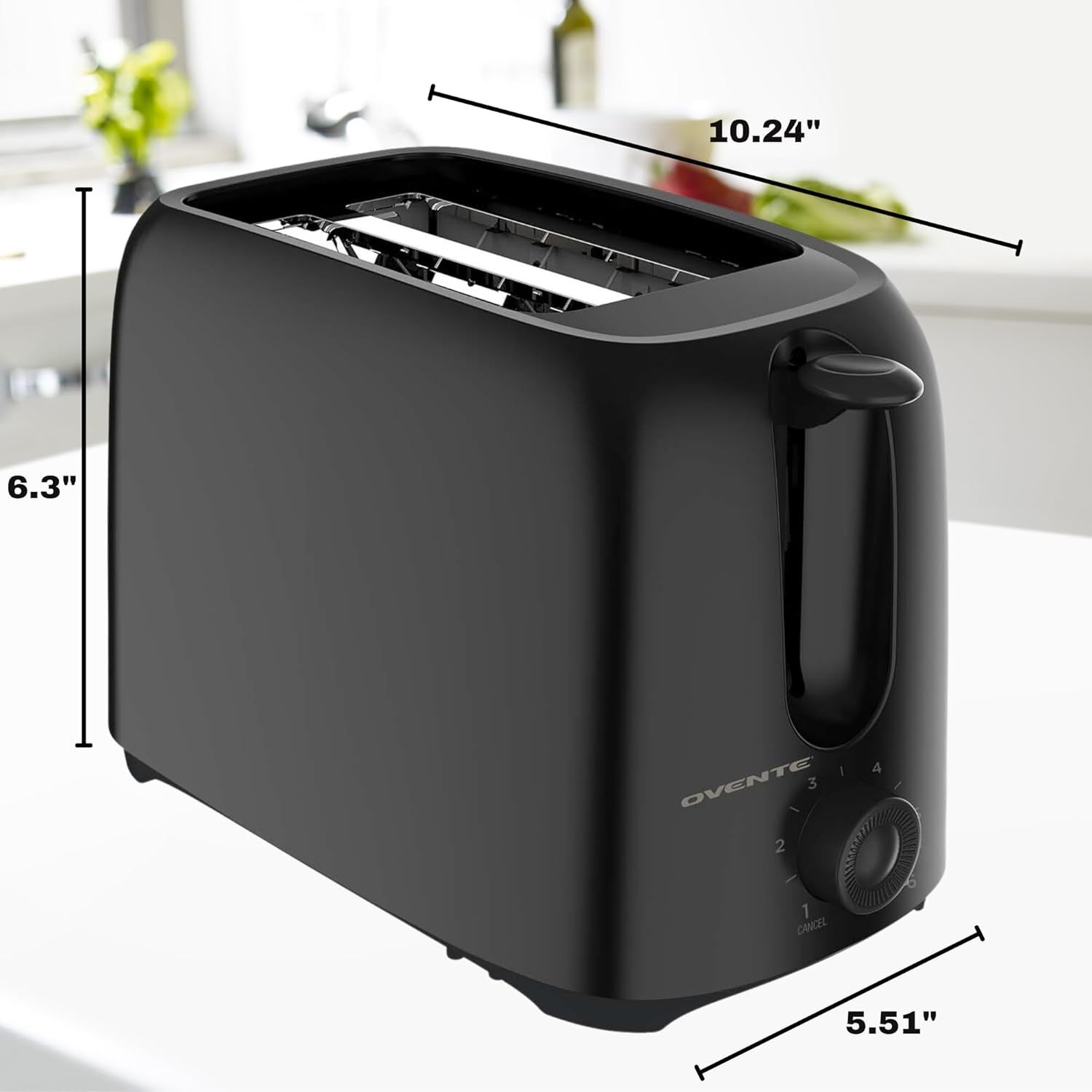 Communicates the exact physical dimensions of the toaster to help shoppers understand its size and whether it will fit in their kitchen space.