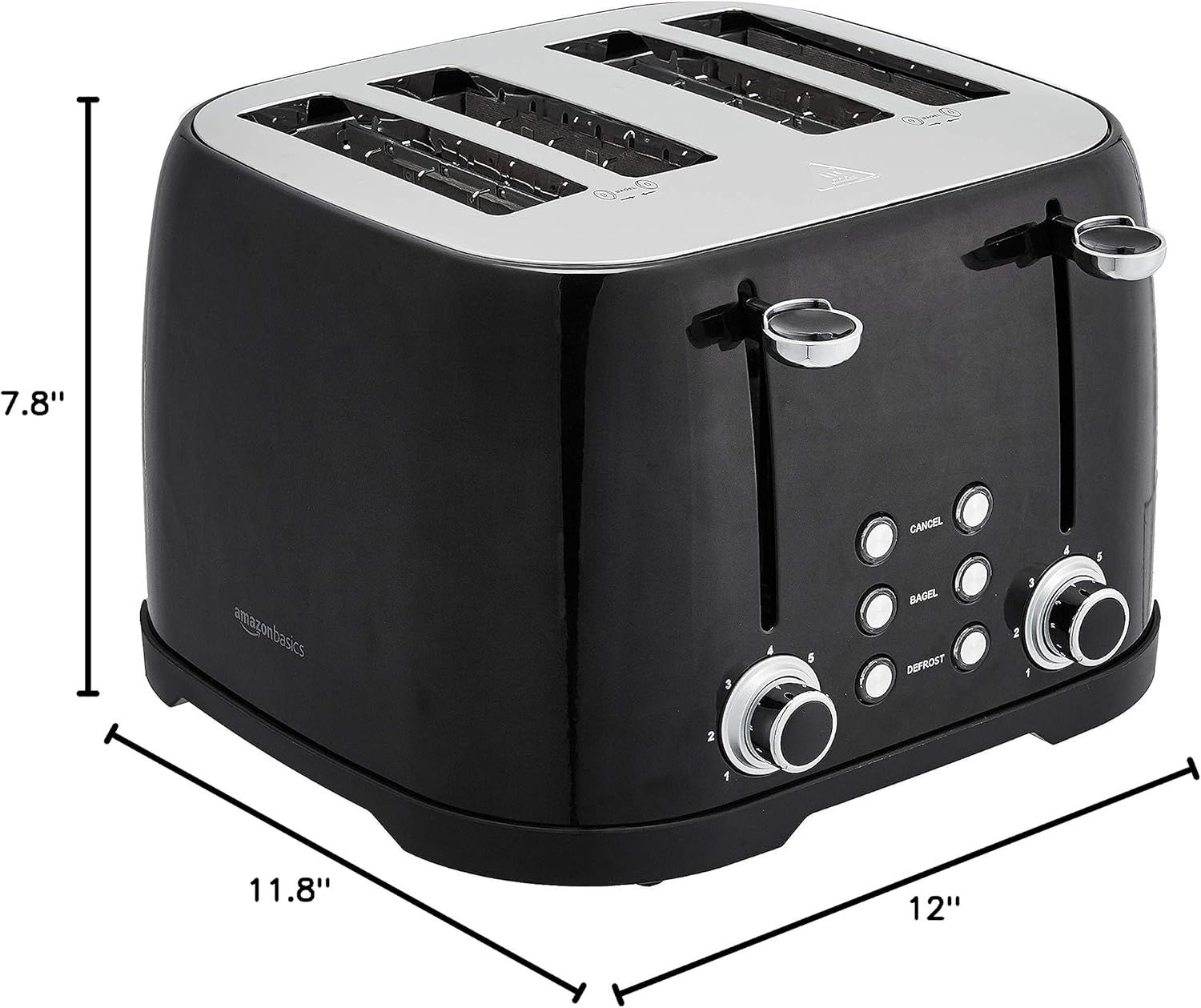 Communicates the exact physical dimensions of the toaster (7.8" height, 11.8" width, 12" depth) to help shoppers understand how much counter space it will…