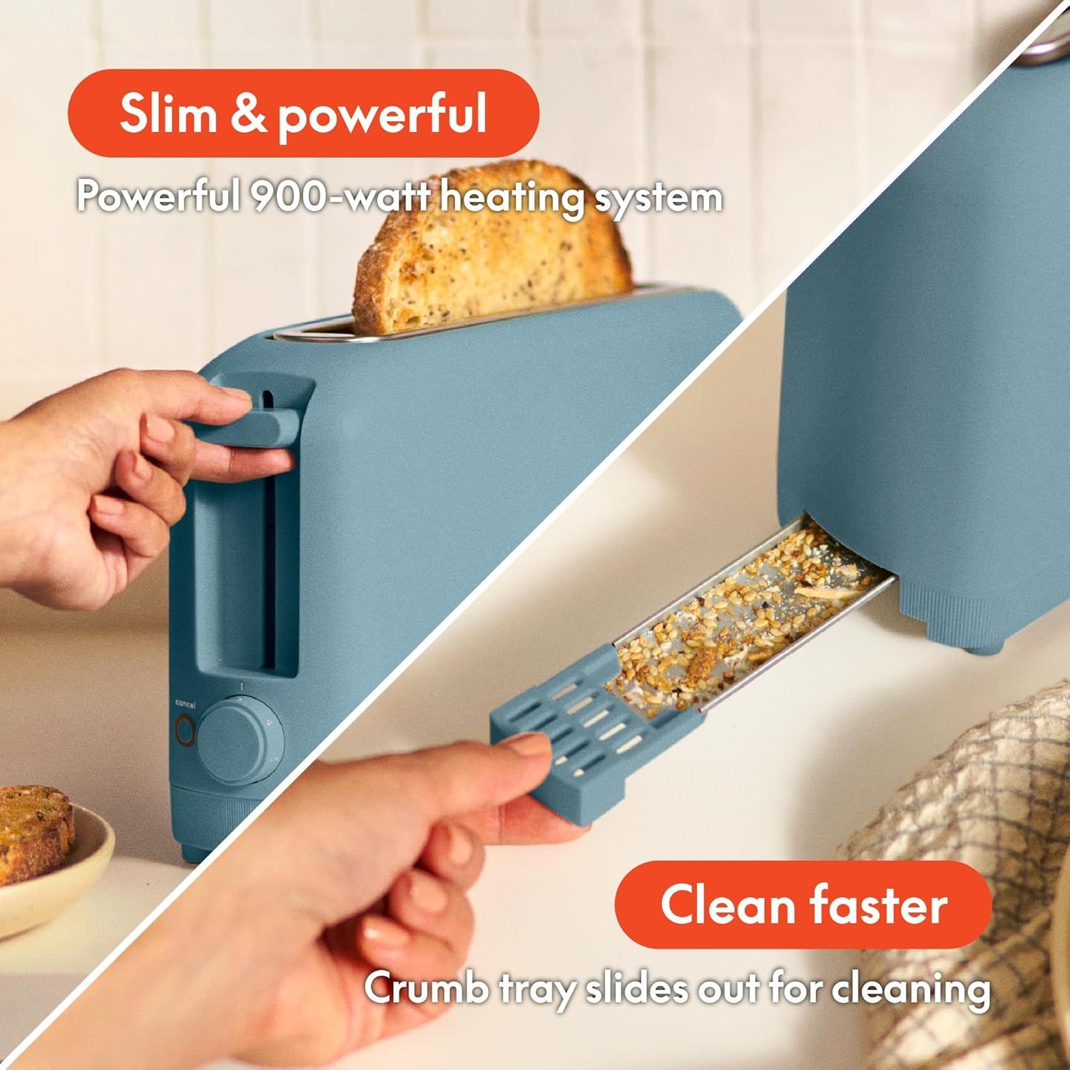 Communicates two distinct product benefits in a visually segmented layout: the powerful heating performance and the convenient cleaning feature, reassuring…