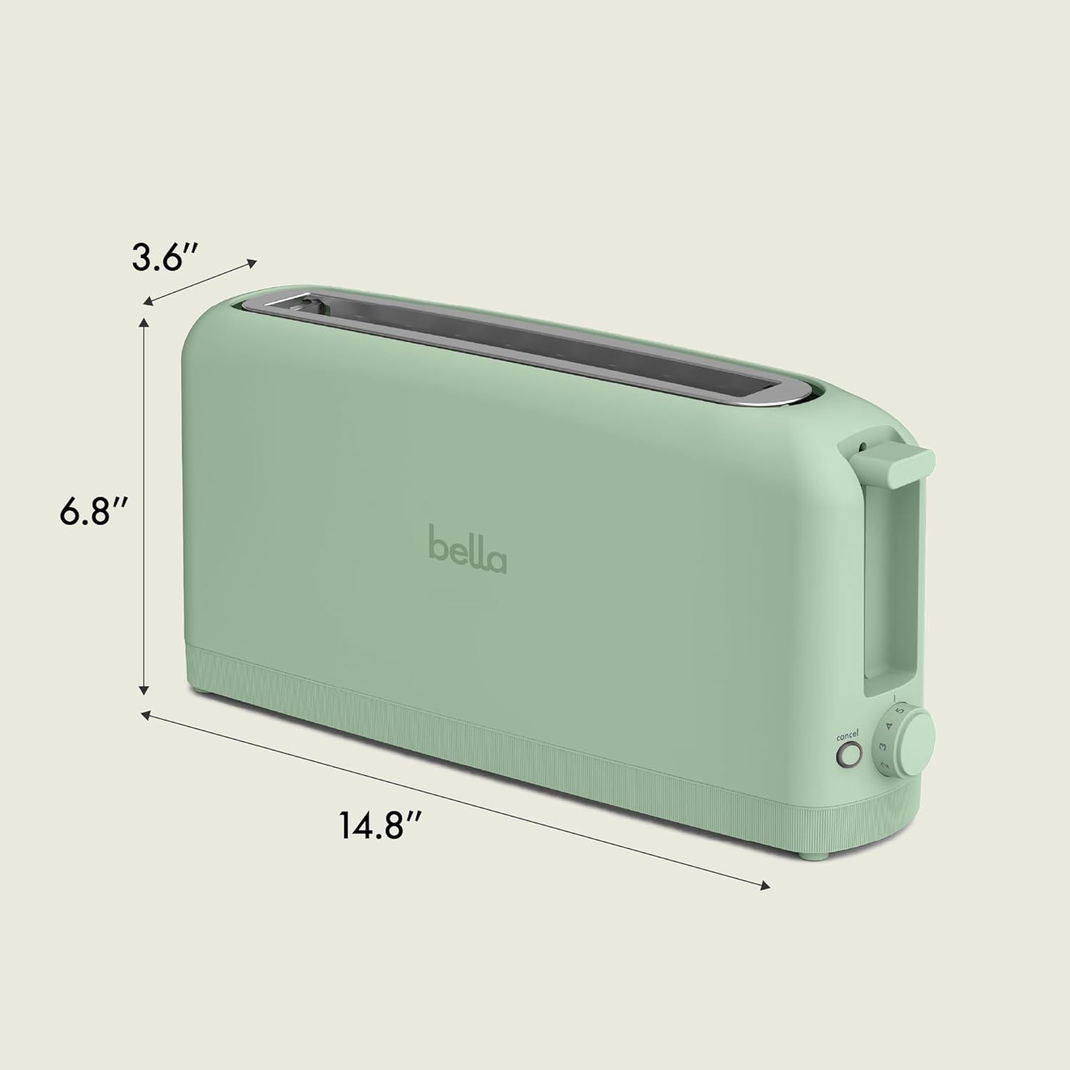 Communicates the exact physical dimensions of the toaster (14.8" x 6.8" x 3.6") to help shoppers understand its size and determine if it will fit in their…