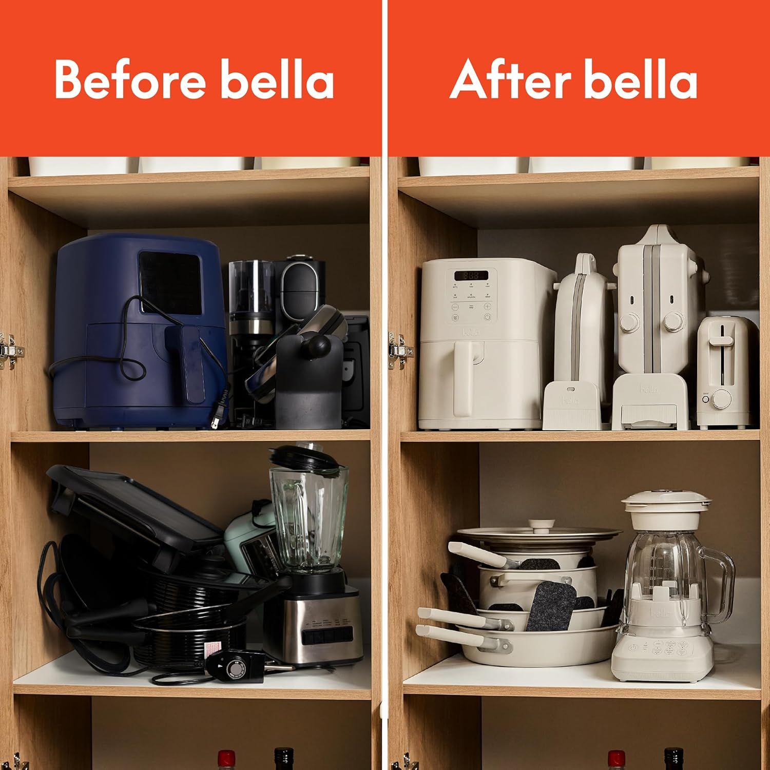 Demonstrates the transformative organizing power of the product by showing a cluttered, mismatched cabinet before and a clean, coordinated, aesthetically pleasing cabinet after.