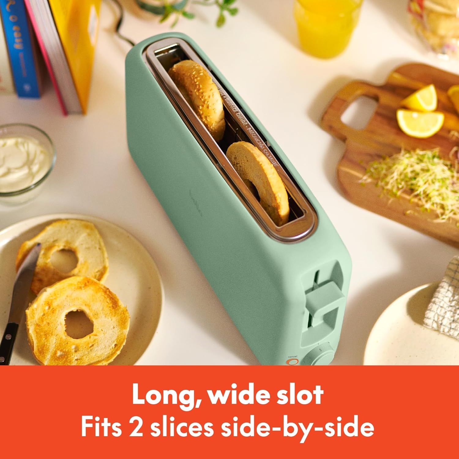 Highlights the toaster's extra-wide slot capacity that can accommodate two slices of bread side-by-side, emphasizing convenience and versatility for different…
