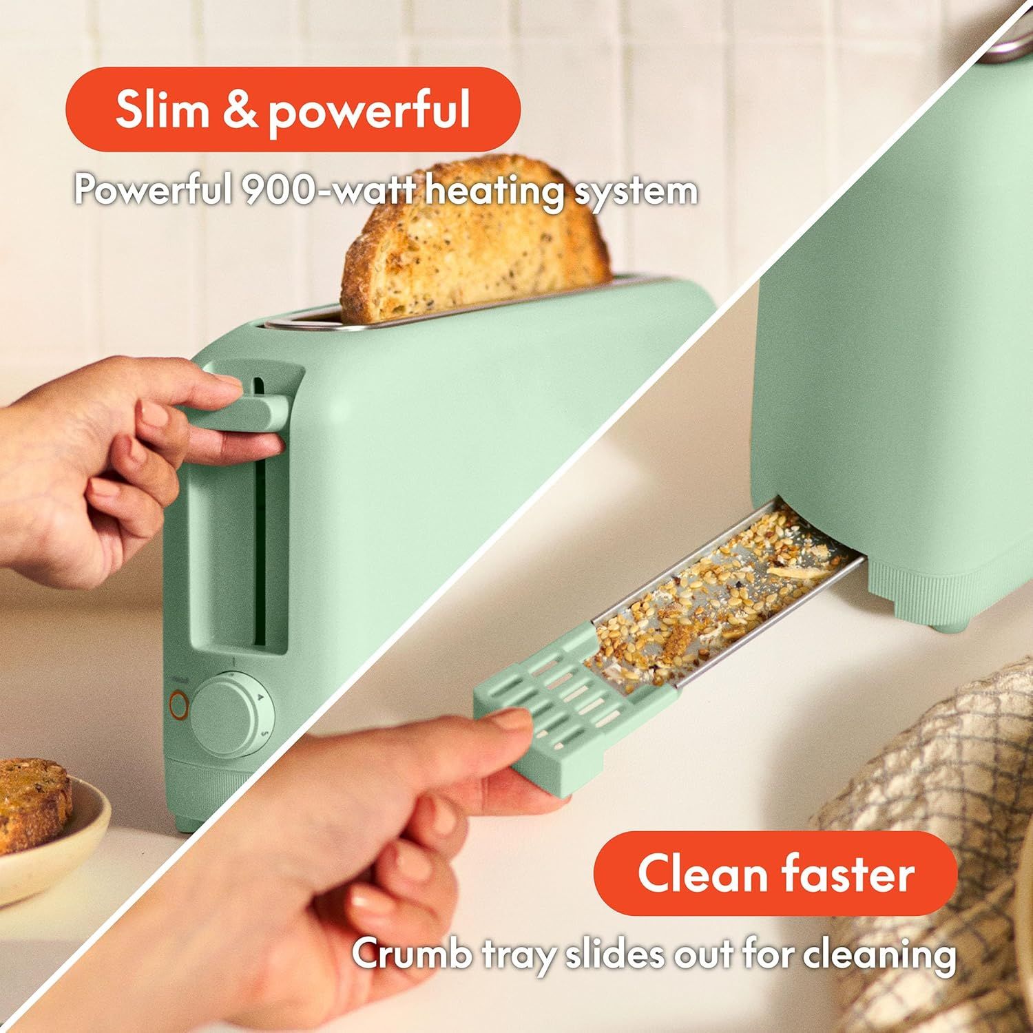 Communicates two distinct product benefits in a split-panel layout: the powerful heating performance and the convenient cleaning feature, reassuring shoppers…