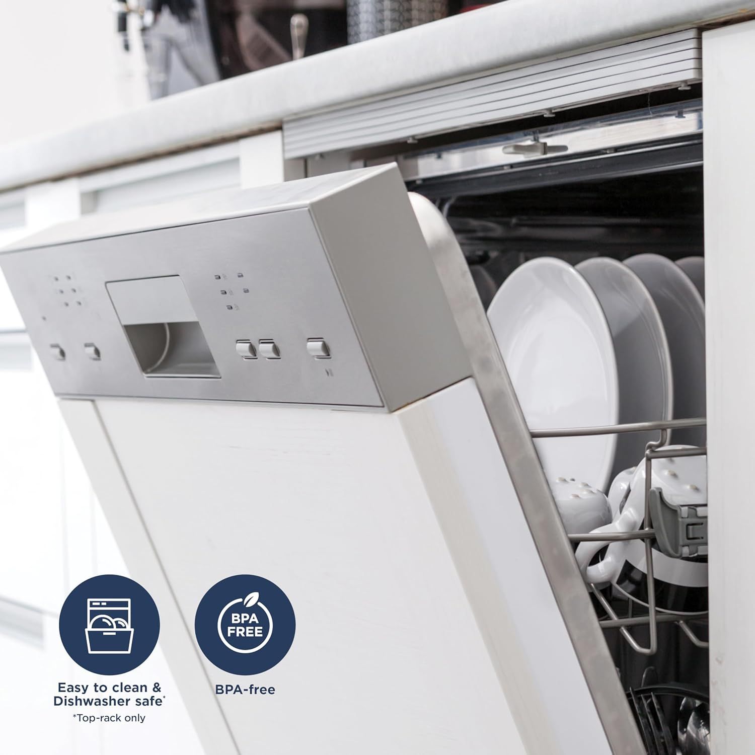 Reassures shoppers that the product is safe and free from harmful chemicals (BPA-free) and easy to maintain (dishwasher safe). Highlights two distinct benefits—ease of cleaning and safety—through…
