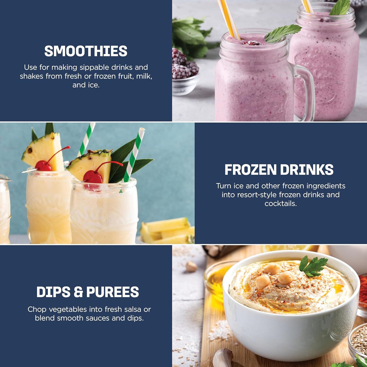 Demonstrates multiple use cases for the product (likely a blender) by showing three distinct applications: making smoothies, creating frozen cocktails, and…