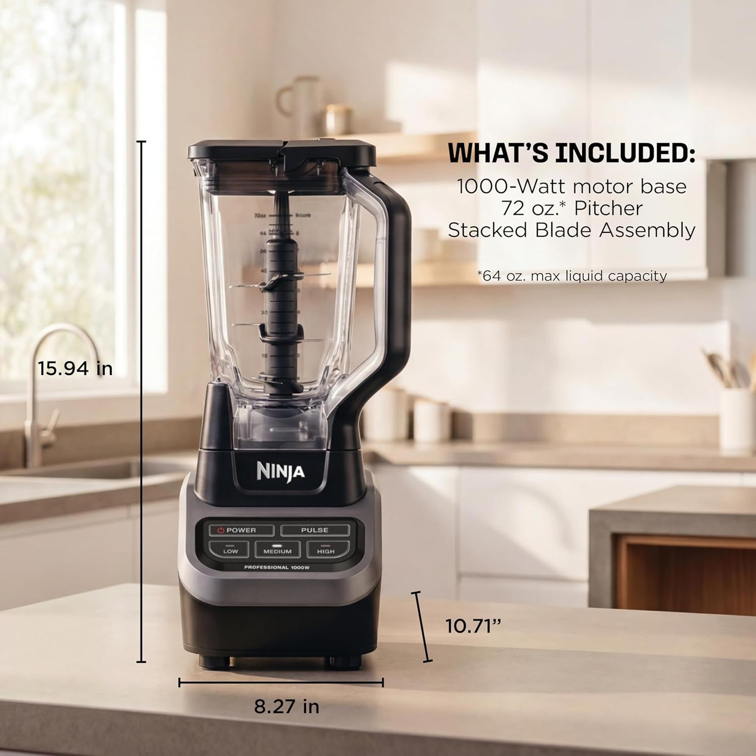 Communicates the exact physical dimensions of the blender (height, width, depth) to help shoppers understand if it will fit in their kitchen space. Shows everything included with purchase: the…