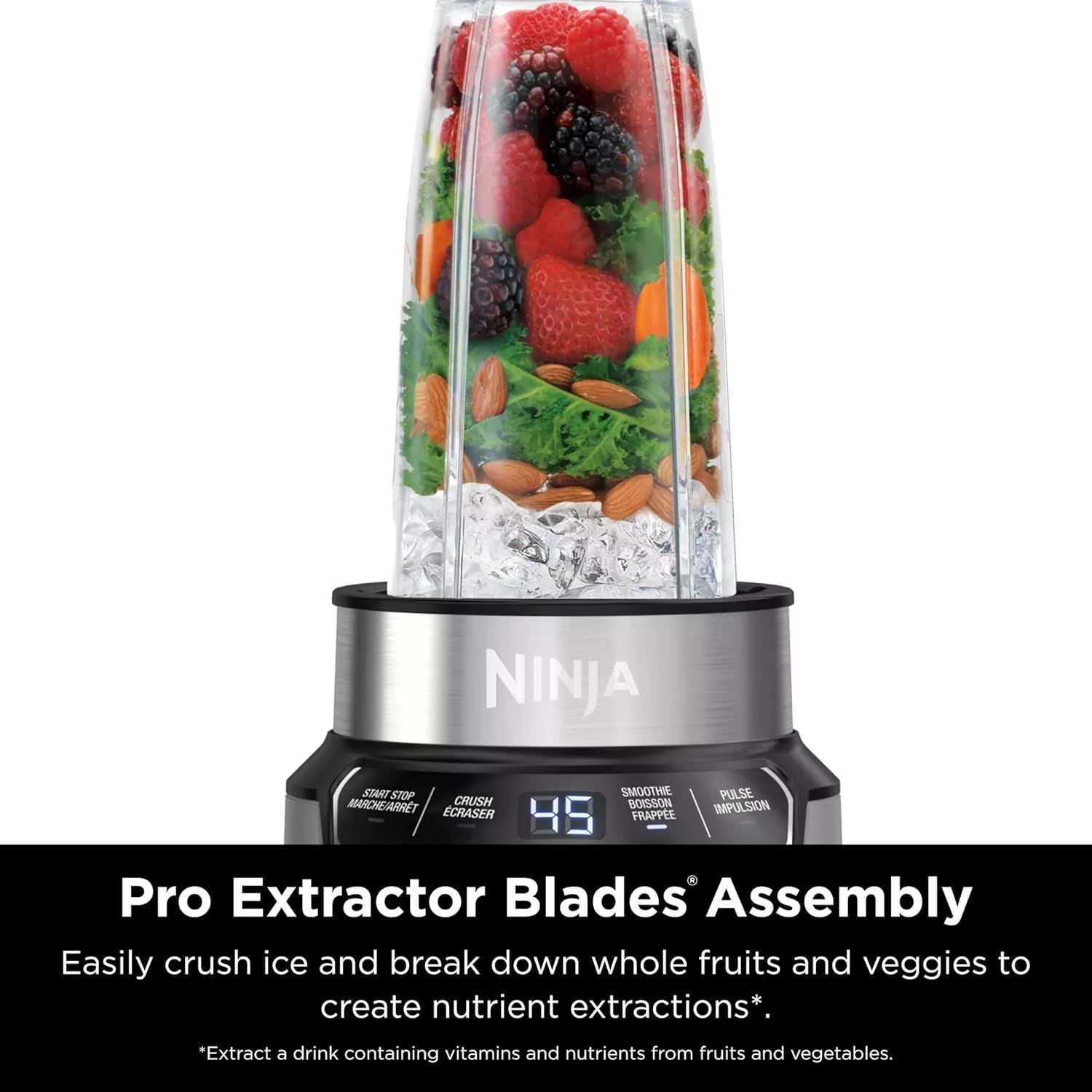 Highlights the Pro Extractor Blades Assembly feature that enables the blender to crush ice and break down whole fruits and vegetables to create nutrient…