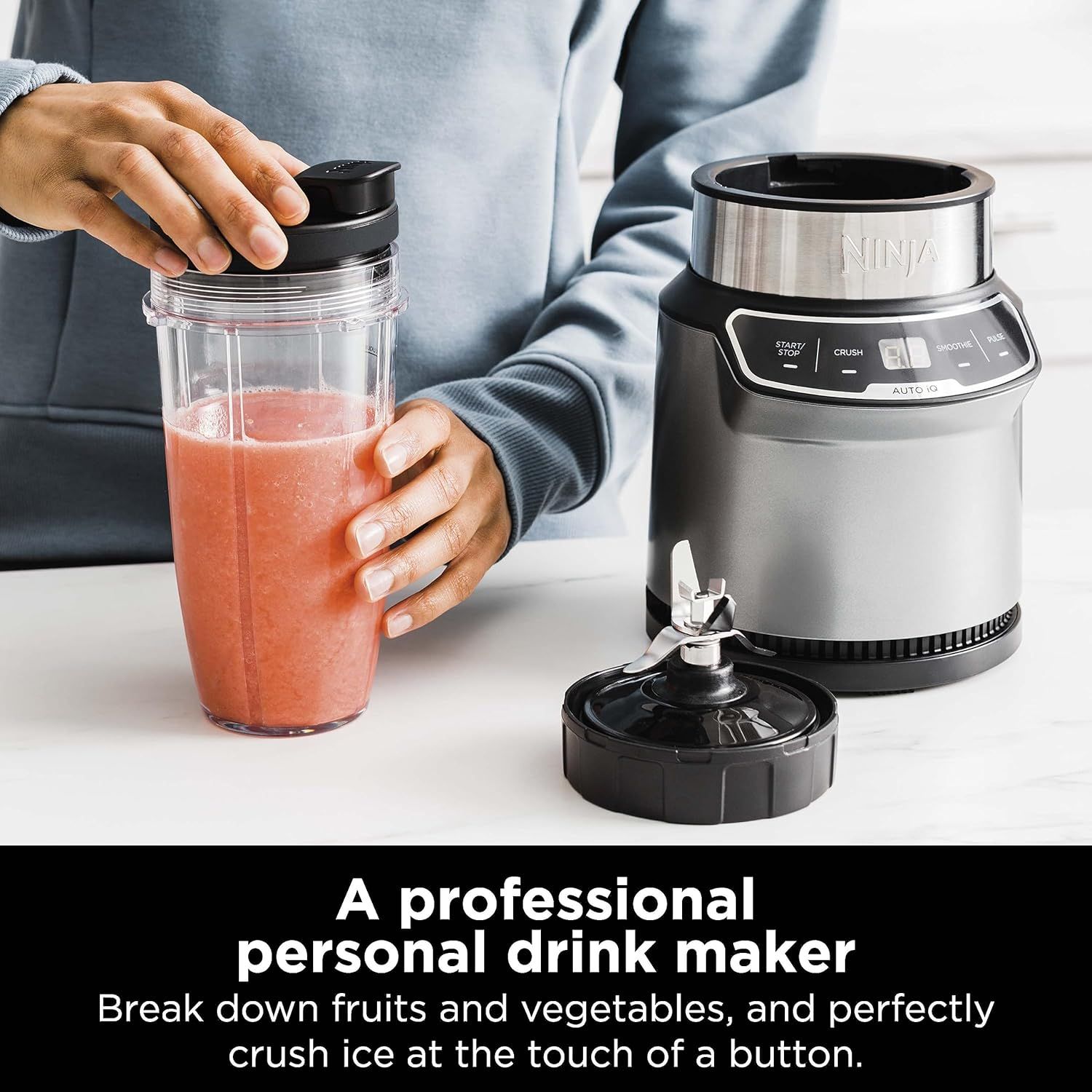 Communicates the product's ability to function as a professional-quality personal drink maker that can break down fruits and vegetables and crush ice with…